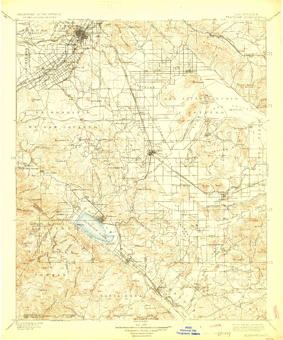 USGS 1:125000-SCALE QUADRANGLE FOR ELSINORE, CA 1901