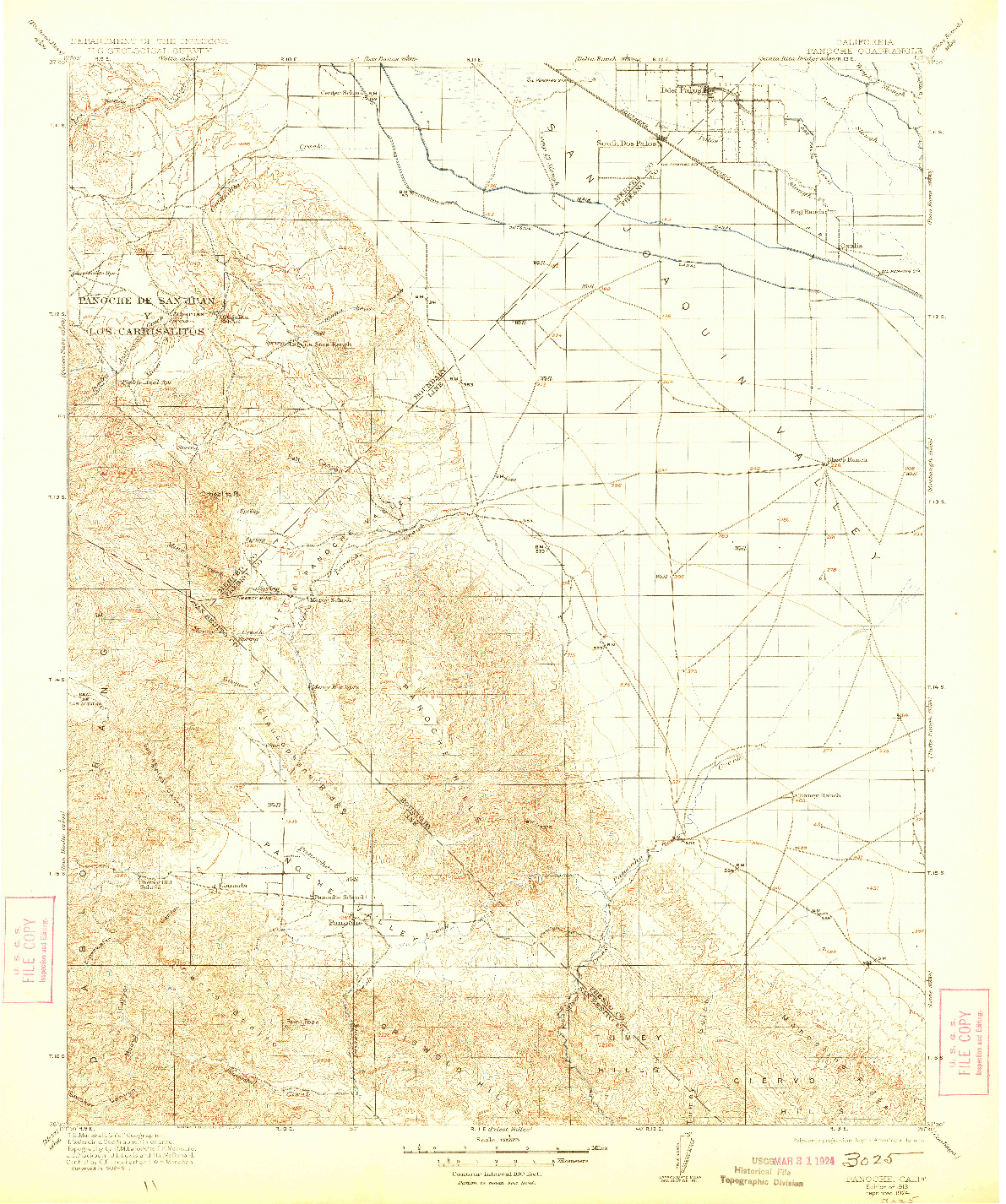 USGS 1:125000-SCALE QUADRANGLE FOR PANOCHE, CA 1913