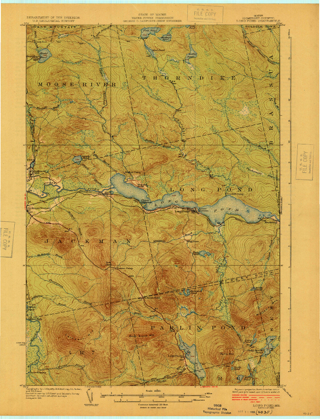 USGS 1:62500-SCALE QUADRANGLE FOR LONG POND, ME 1924