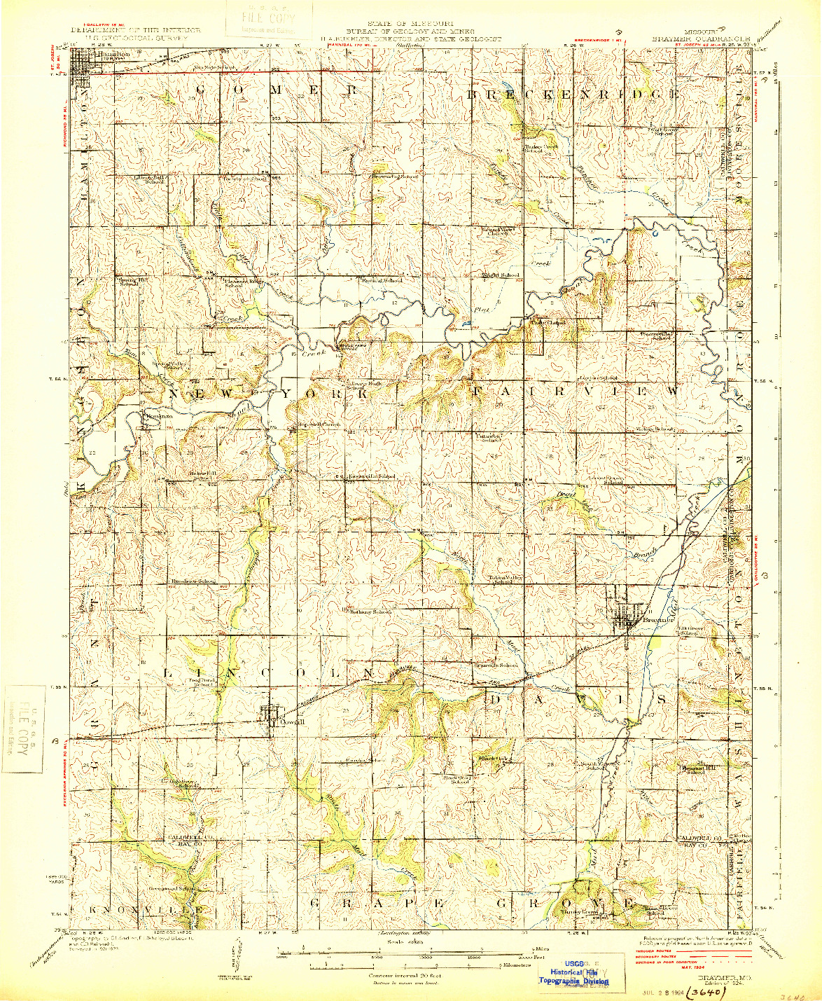 USGS 1:62500-SCALE QUADRANGLE FOR BRAYMER, MO 1924