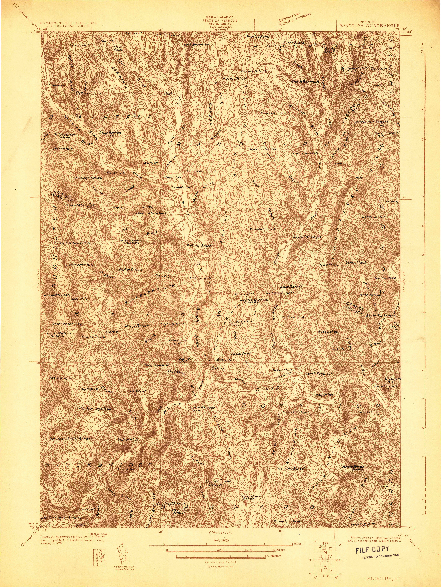 USGS 1:48000-SCALE QUADRANGLE FOR RANDOLPH, VT 1924