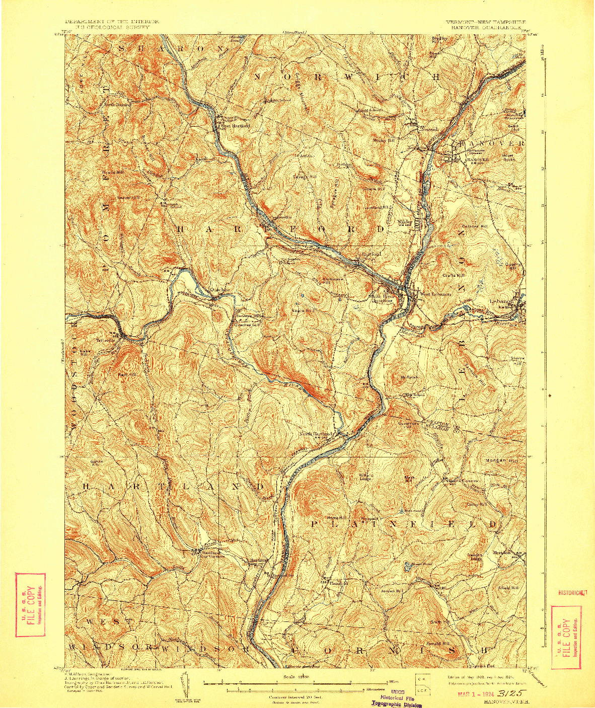 USGS 1:62500-SCALE QUADRANGLE FOR HANOVER, VT 1908