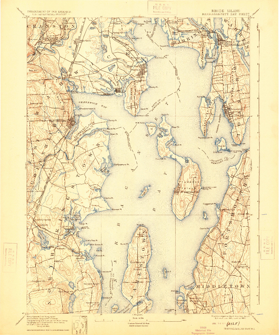 USGS 1:62500-SCALE QUADRANGLE FOR NARRAGANSETT BAY, RI 1892