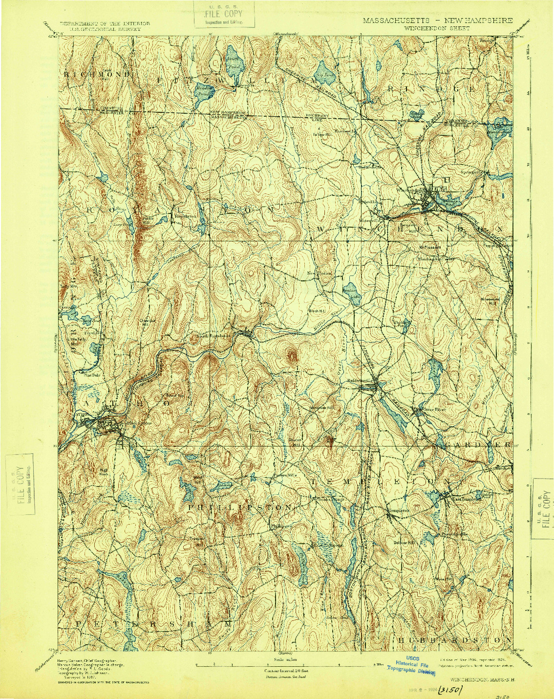 USGS 1:62500-SCALE QUADRANGLE FOR WINCHENDON, MA 1894