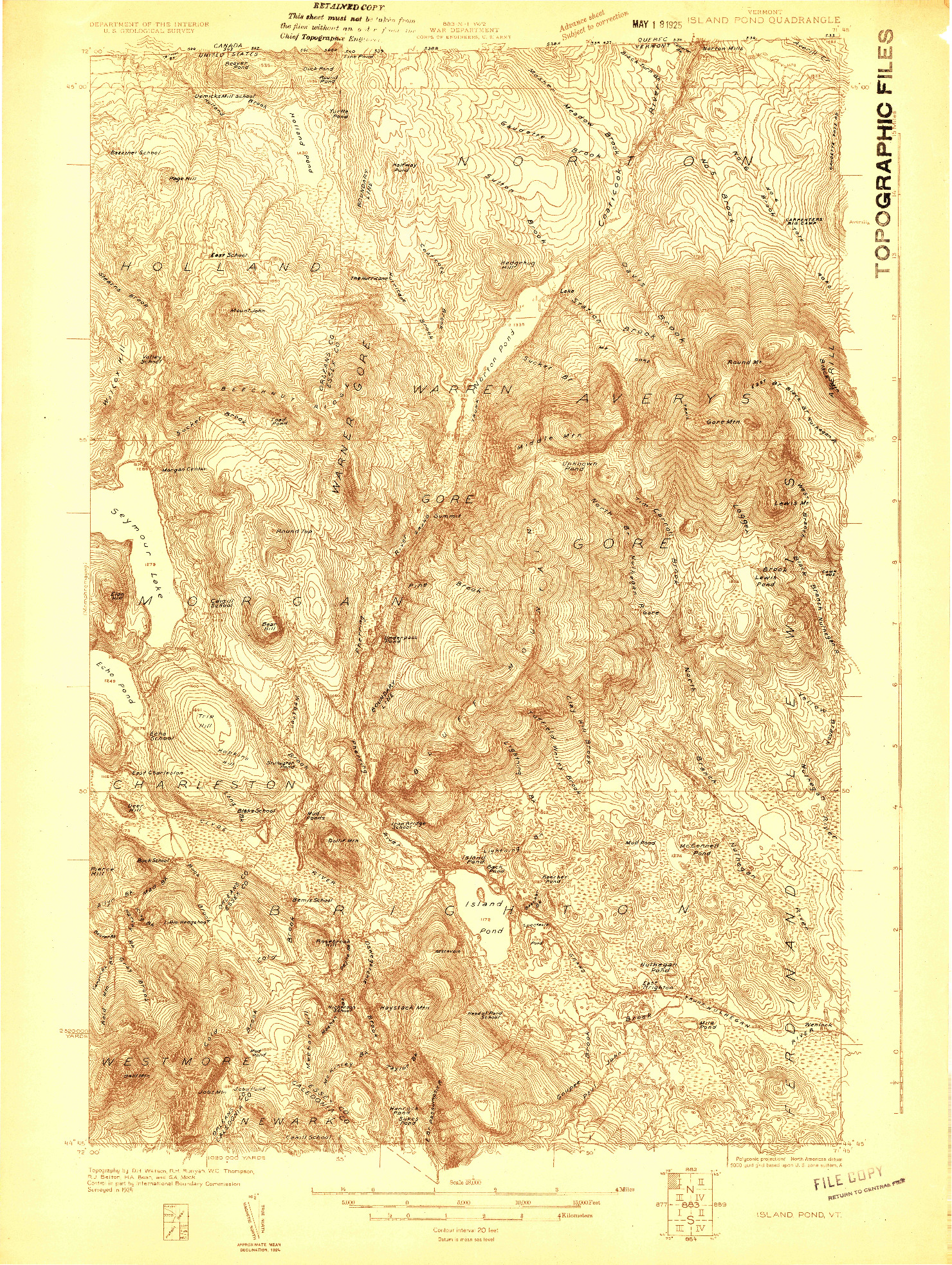 USGS 1:48000-SCALE QUADRANGLE FOR ISLAND POND, VT 1924