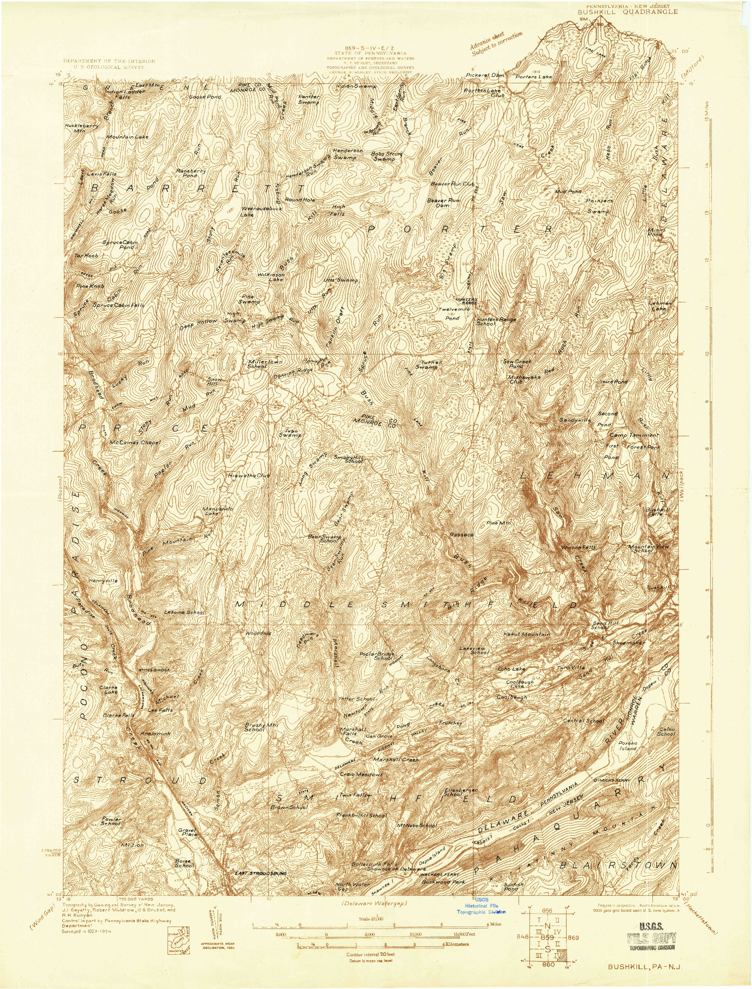 USGS 1:48000-SCALE QUADRANGLE FOR BUSHKILL, PA 1924