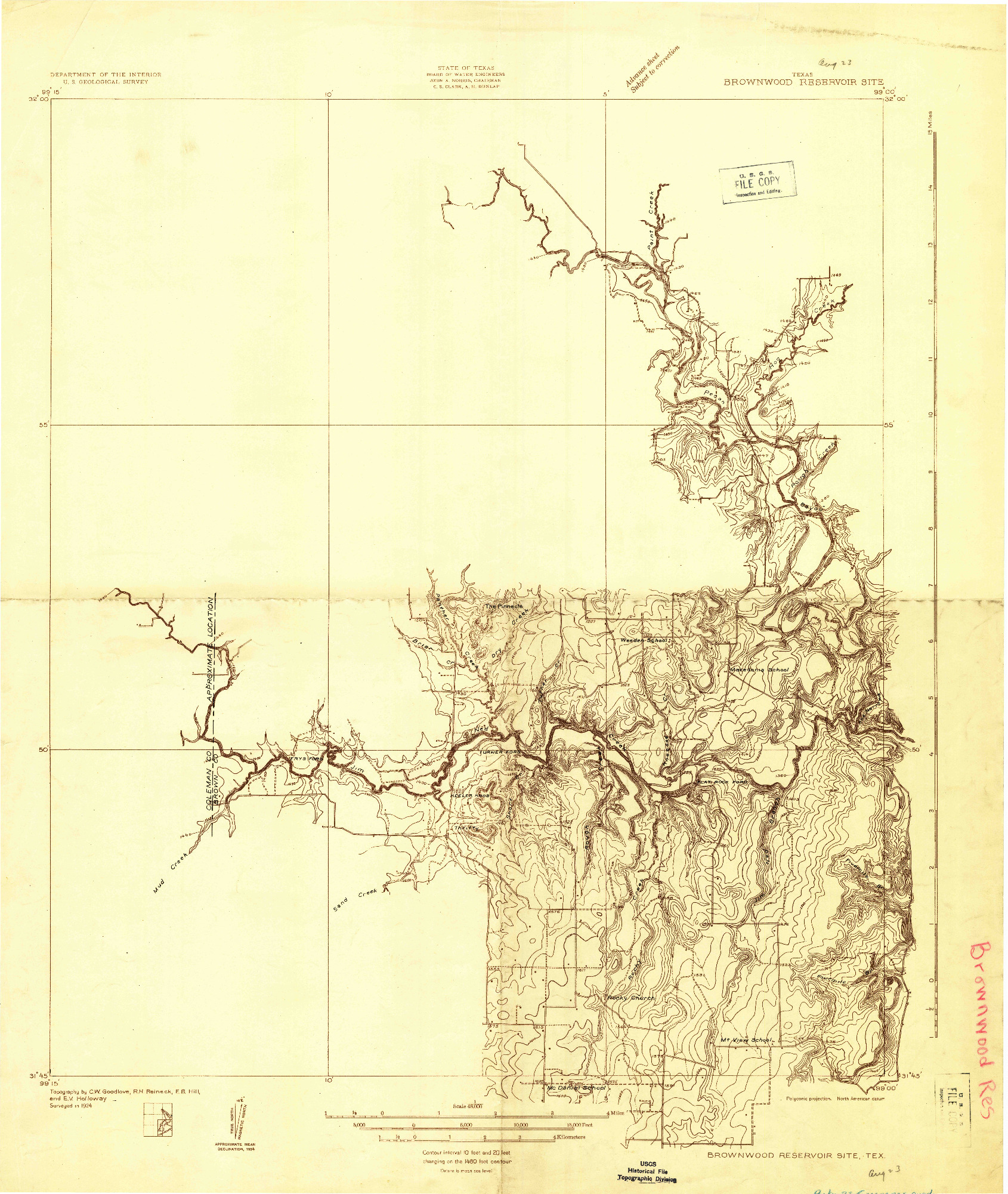 USGS 1:48000-SCALE QUADRANGLE FOR BROWNWOOD RESERVOIR SITE, TX 1924