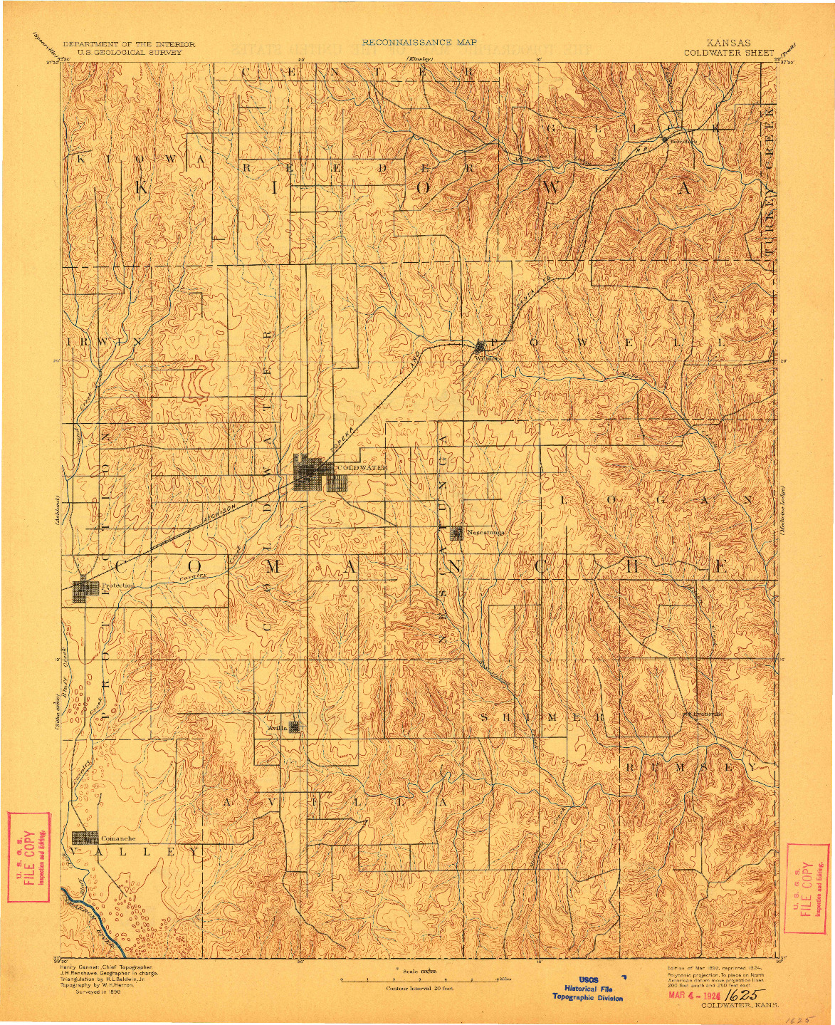 USGS 1:125000-SCALE QUADRANGLE FOR COLDWATER, KS 1892