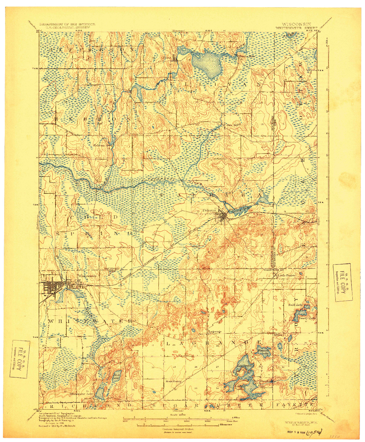 USGS 1:62500-SCALE QUADRANGLE FOR WHITEWATER, WI 1924