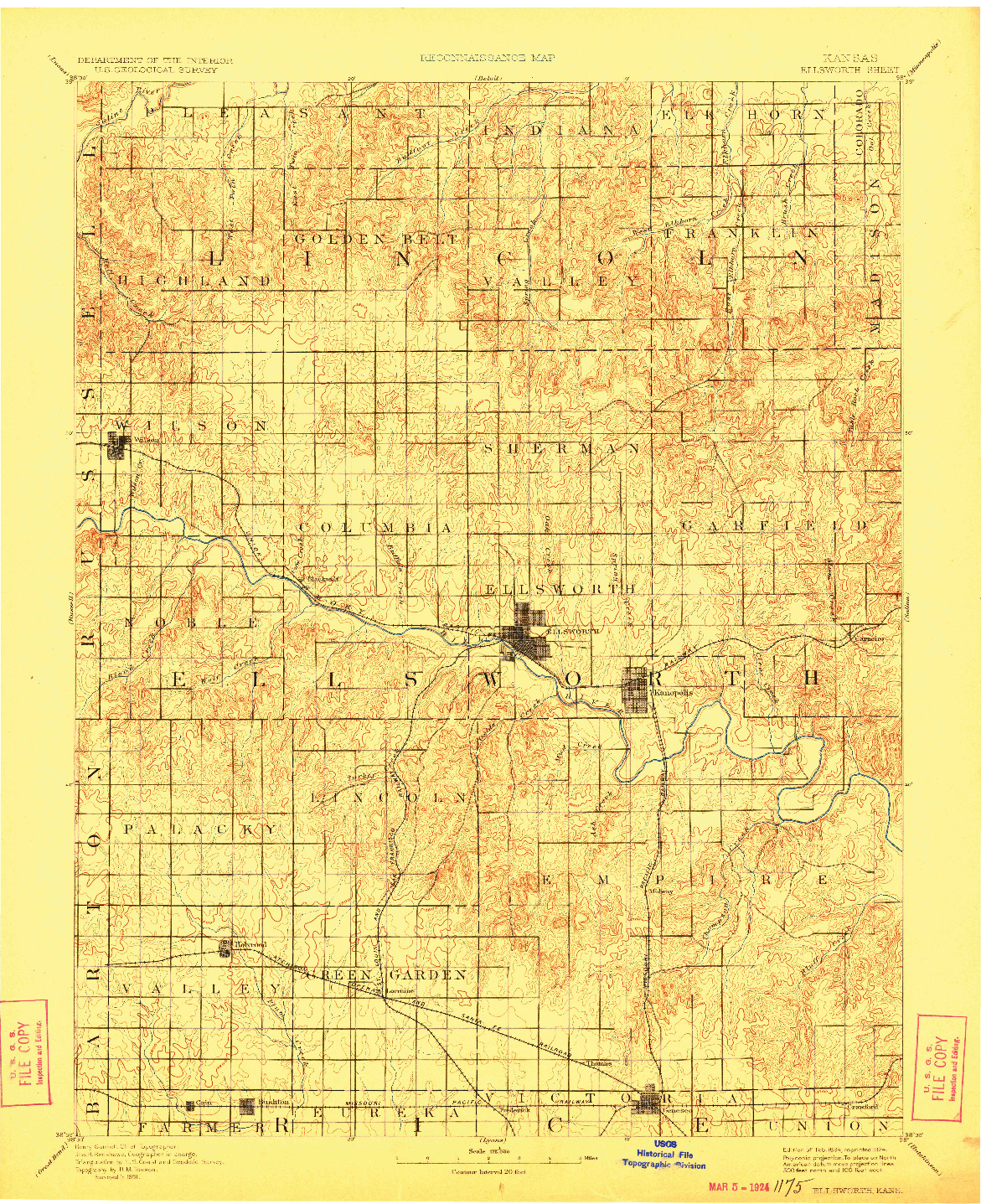 USGS 1:125000-SCALE QUADRANGLE FOR ELLSWORTH, KS 1894