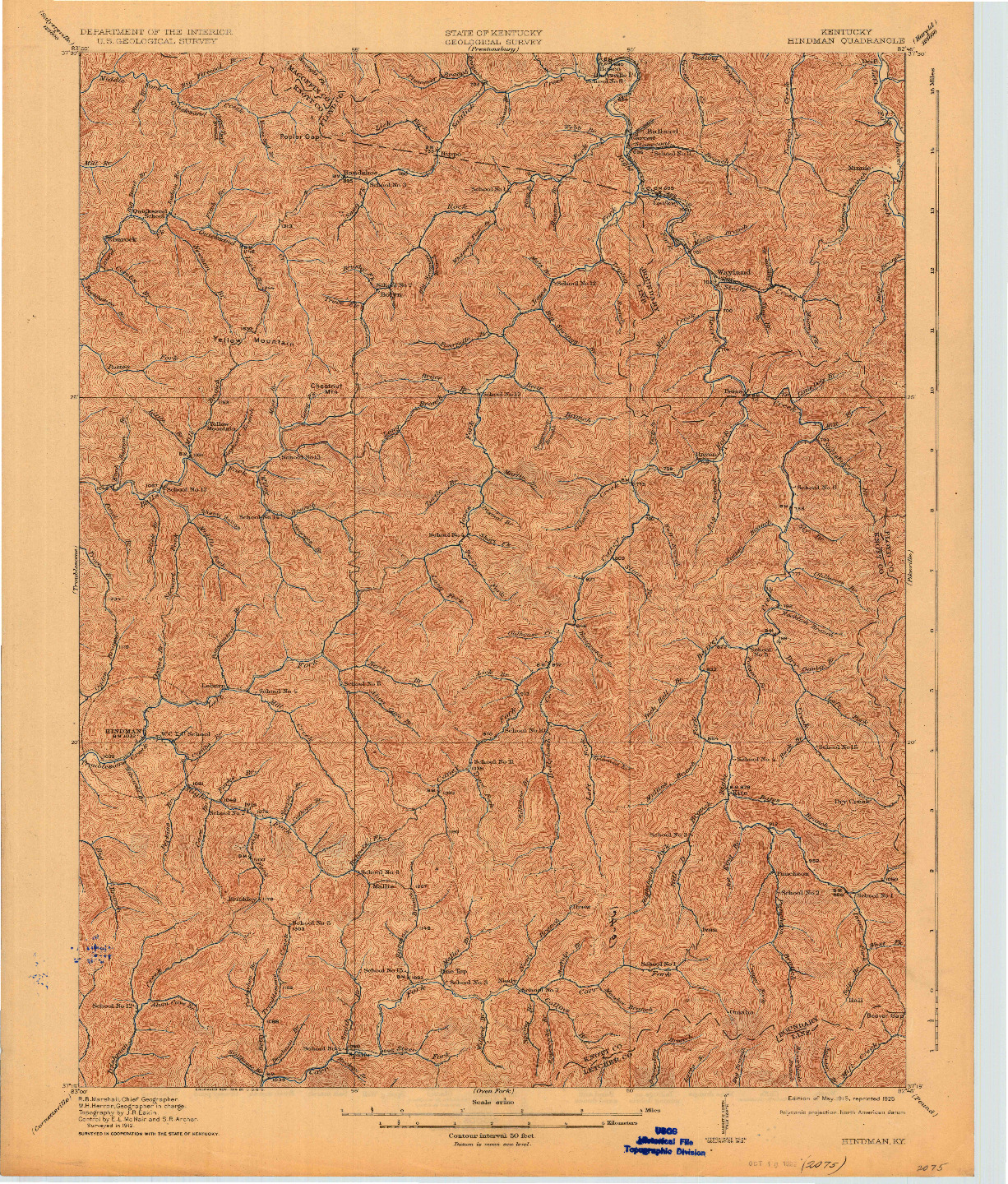 USGS 1:62500-SCALE QUADRANGLE FOR HINDMAN, KY 1915