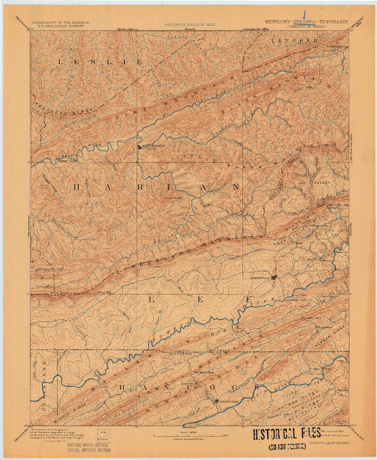 USGS 1:125000-SCALE QUADRANGLE FOR JONESVILLE, KY 1891