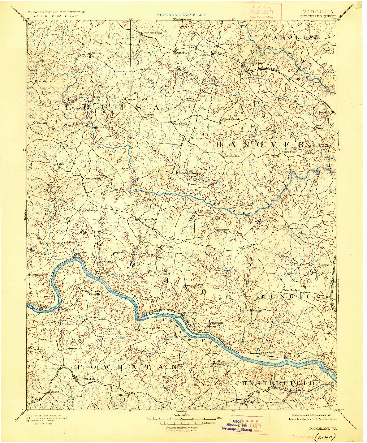 USGS 1:125000-SCALE QUADRANGLE FOR GOOCHLAND, VA 1892