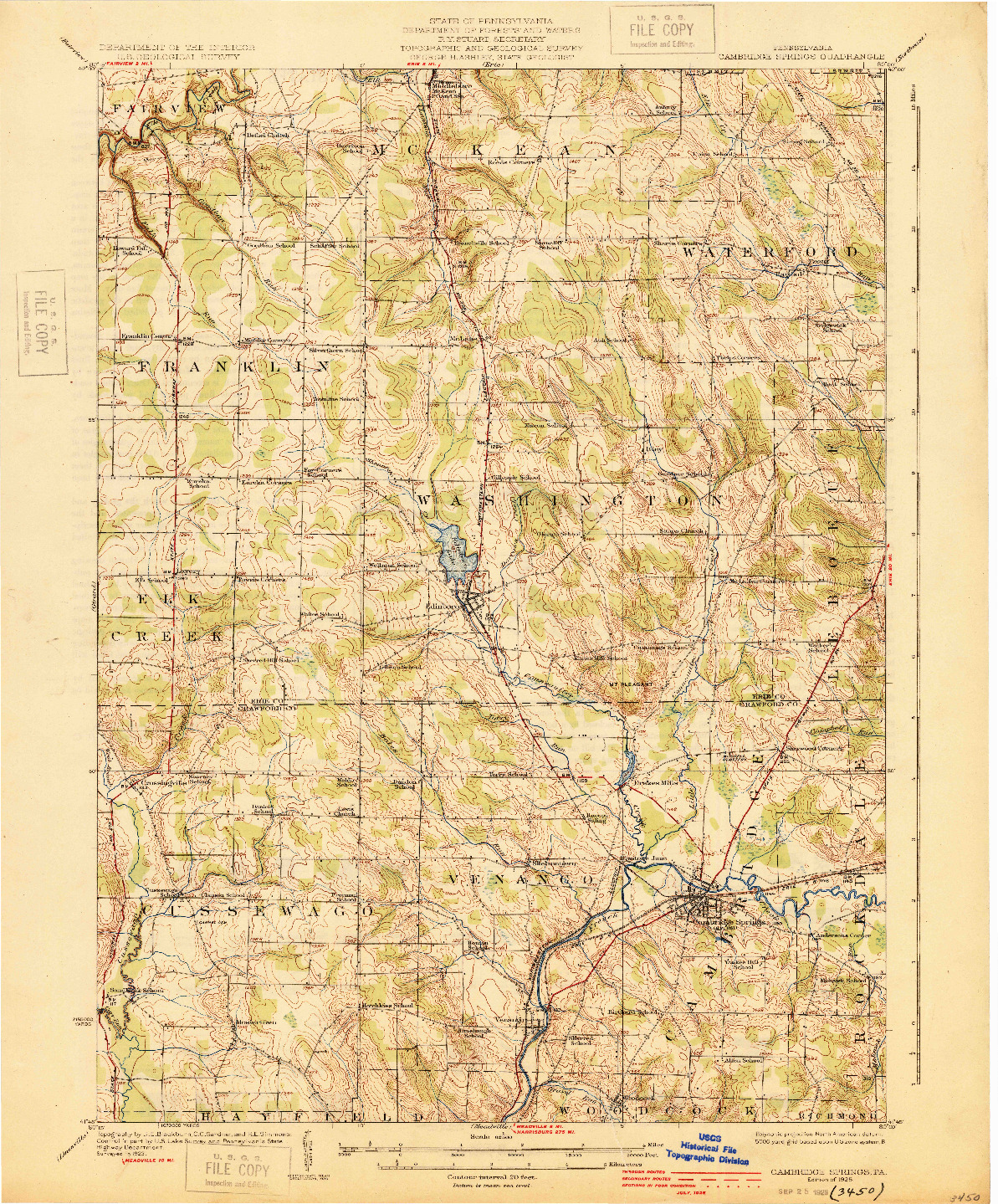 USGS 1:62500-SCALE QUADRANGLE FOR CAMBRIDGE SPRINGS, PA 1925