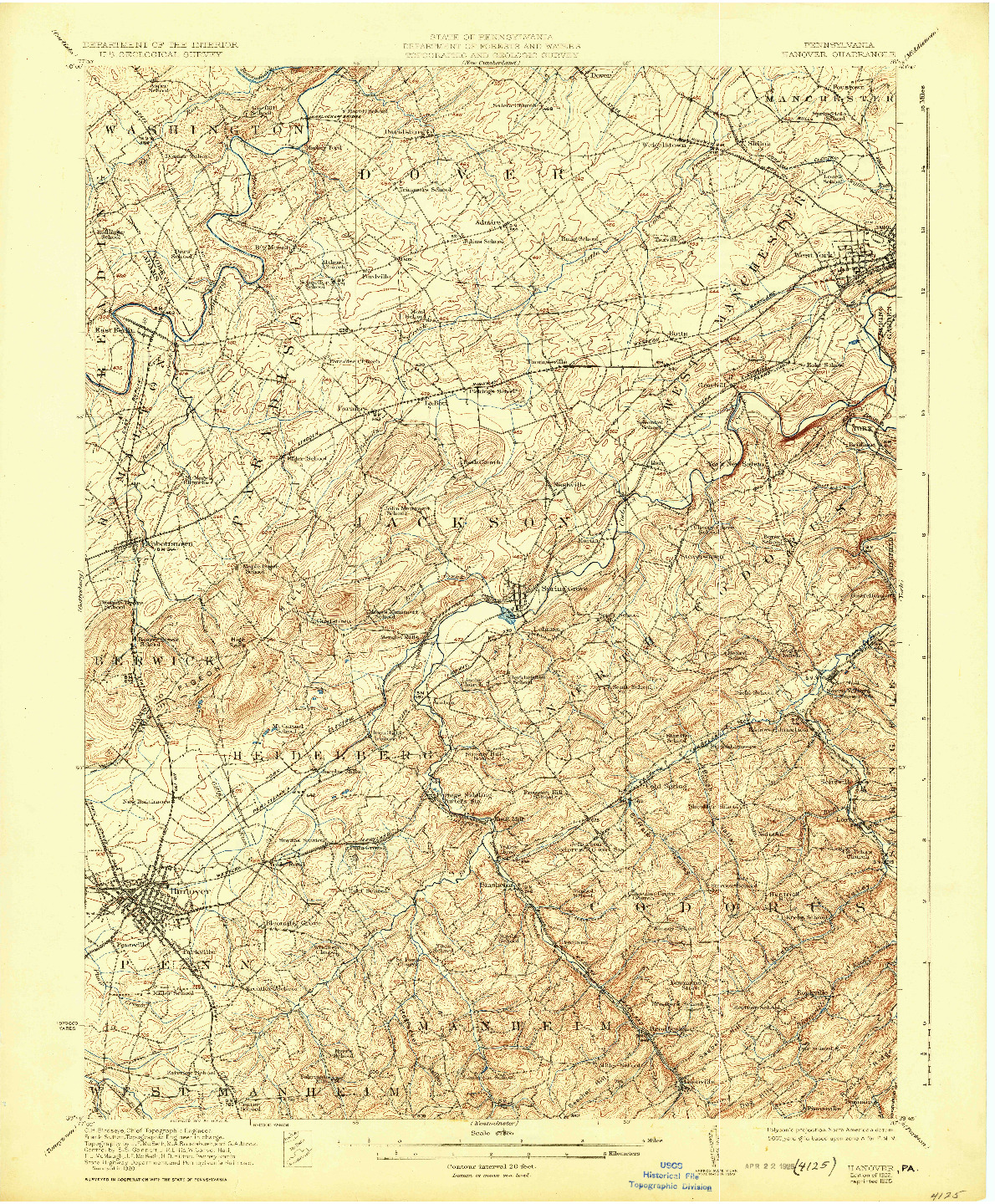 USGS 1:62500-SCALE QUADRANGLE FOR HANOVER, PA 1922