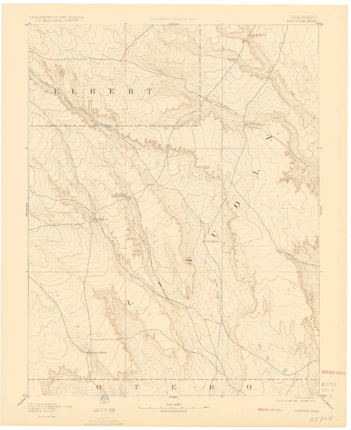 USGS 1:125000-SCALE QUADRANGLE FOR SANBORN, CO 1893