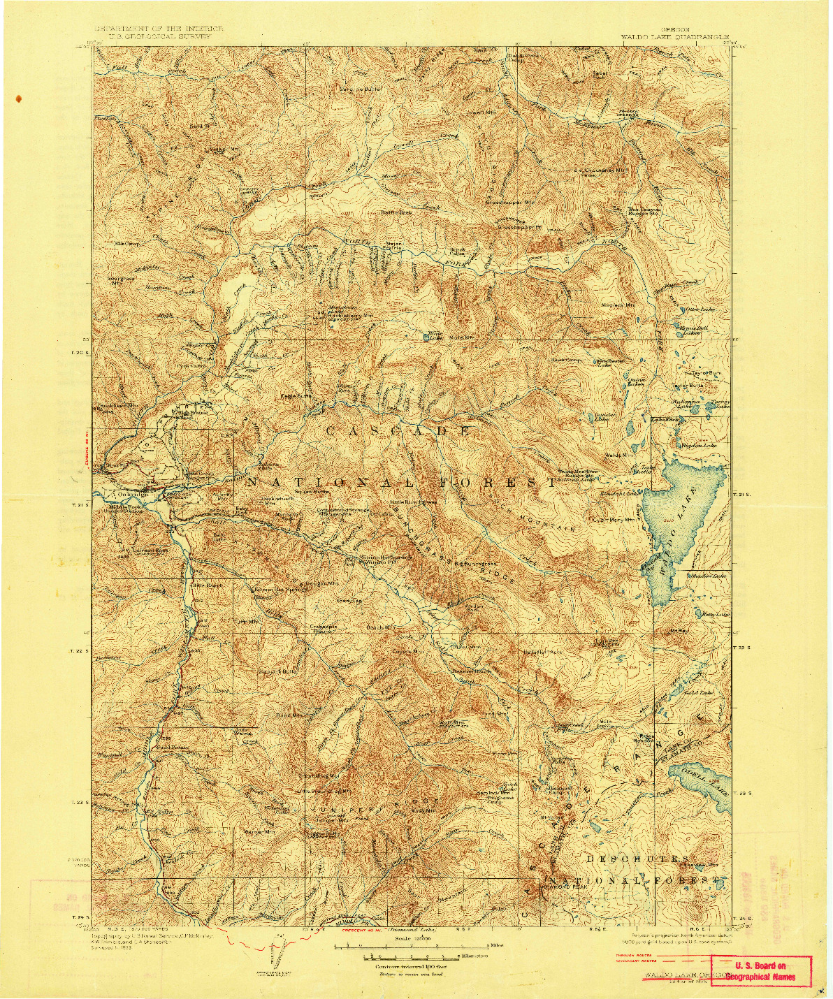 USGS 1:125000-SCALE QUADRANGLE FOR WALDO LAKE, OR 1925