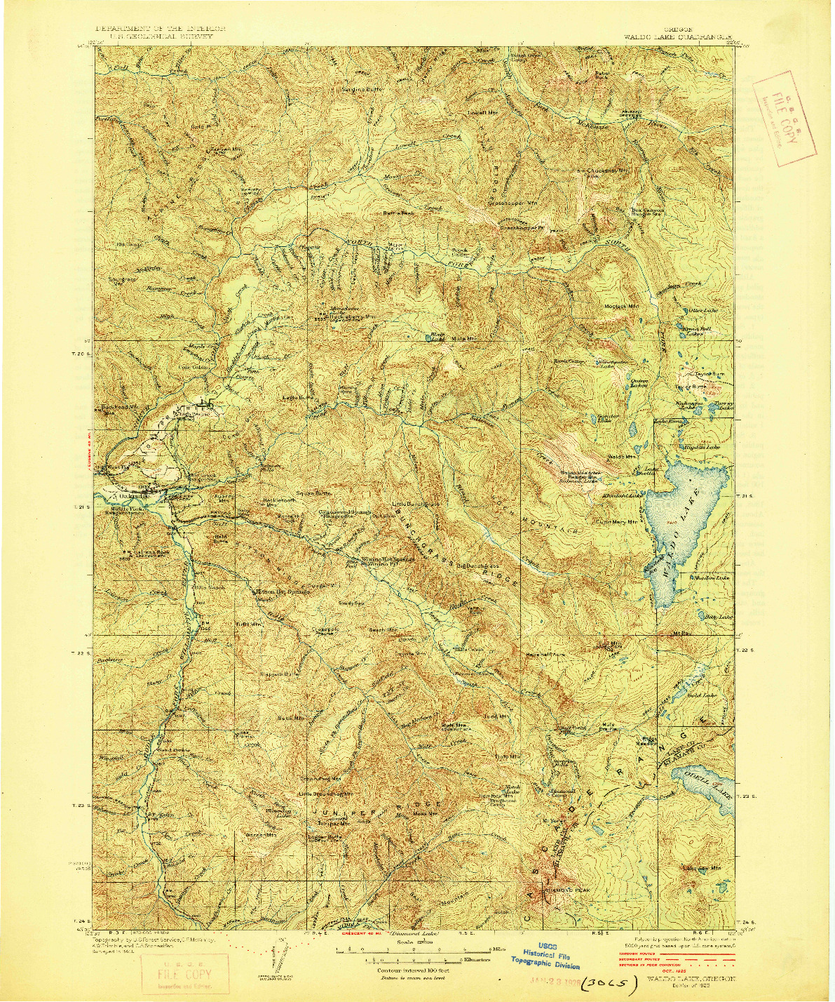 USGS 1:125000-SCALE QUADRANGLE FOR WALDO LAKE, OR 1925