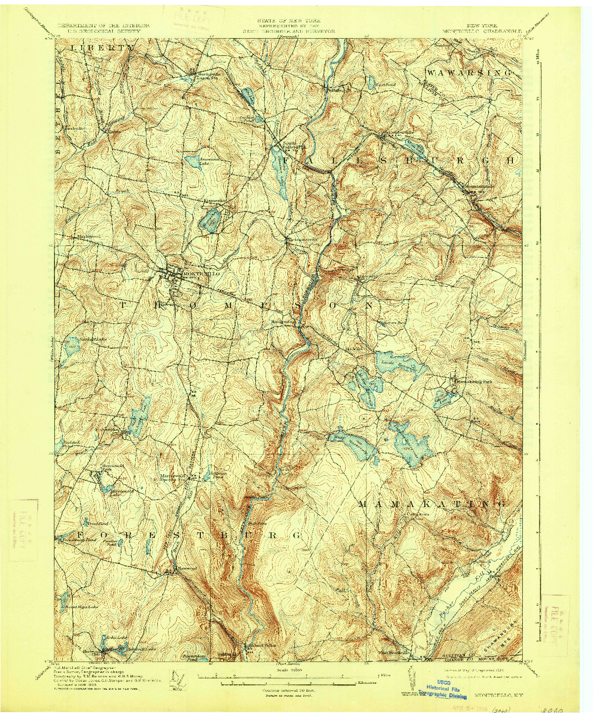 USGS 1:62500-SCALE QUADRANGLE FOR MONTICELLO, NY 1911