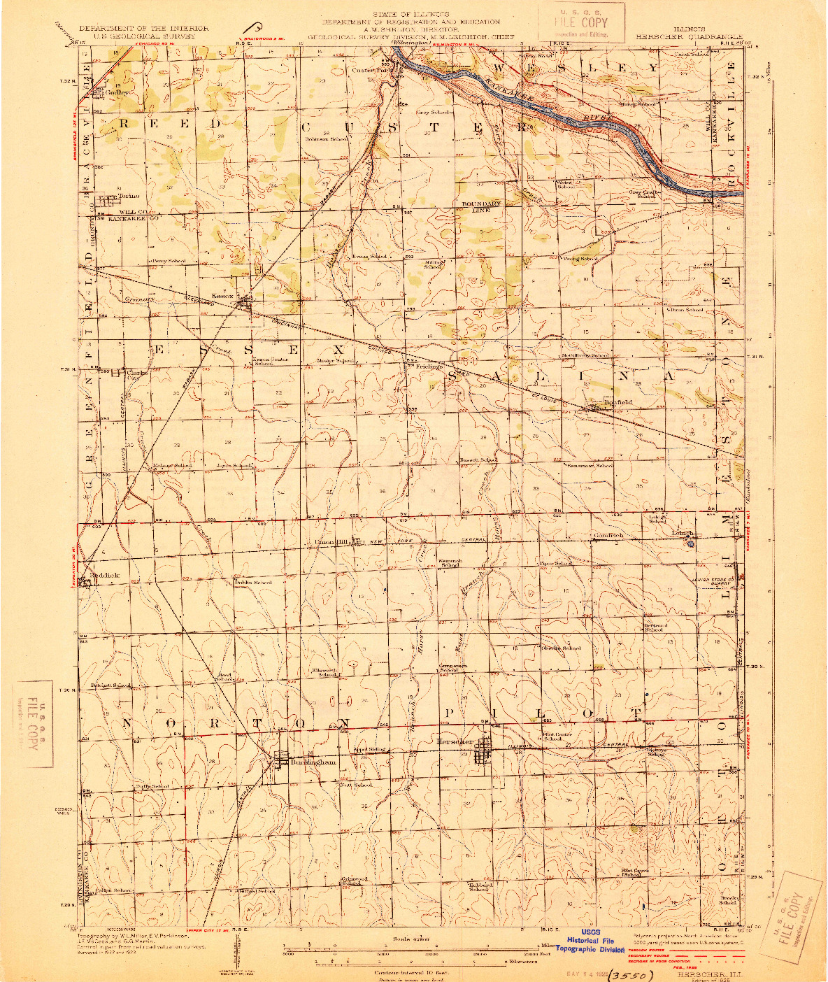 USGS 1:62500-SCALE QUADRANGLE FOR HERSCHER, IL 1925