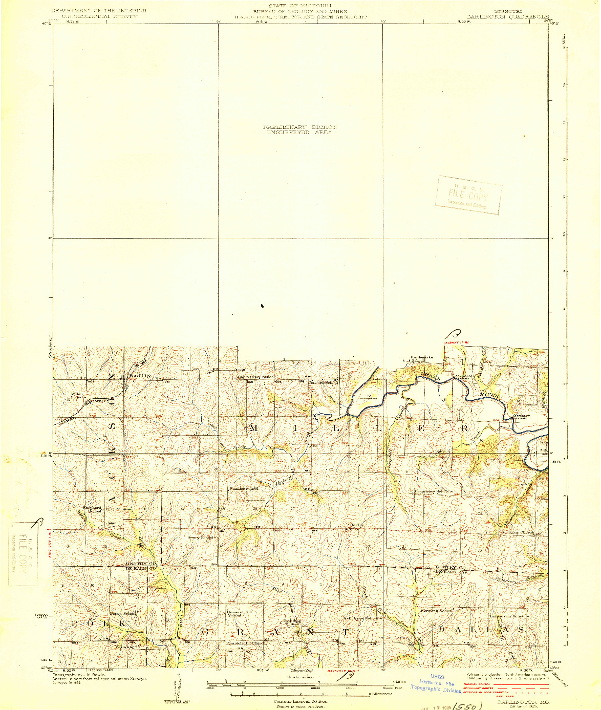 USGS 1:62500-SCALE QUADRANGLE FOR DARLINGTON, MO 1925