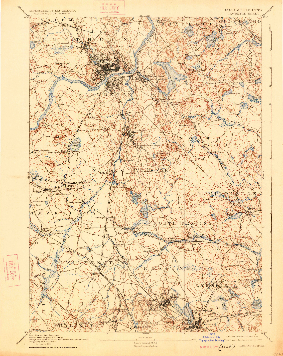 USGS 1:62500-SCALE QUADRANGLE FOR LAWRENCE, MA 1893