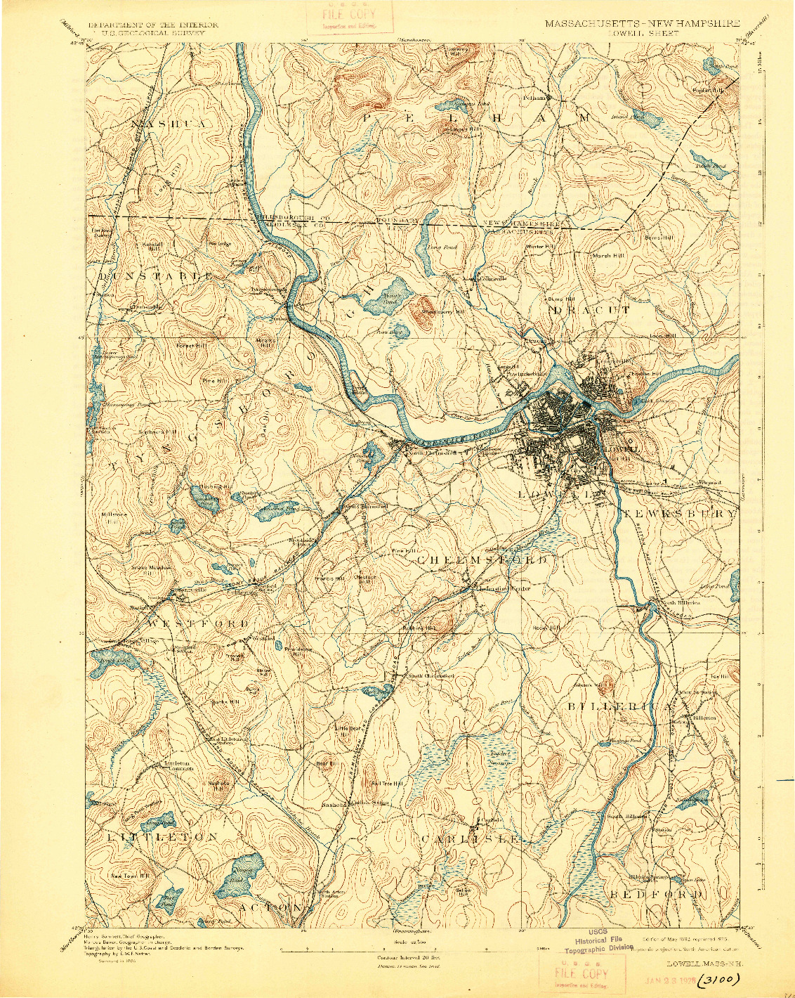 USGS 1:62500-SCALE QUADRANGLE FOR LOWELL, MA 1893