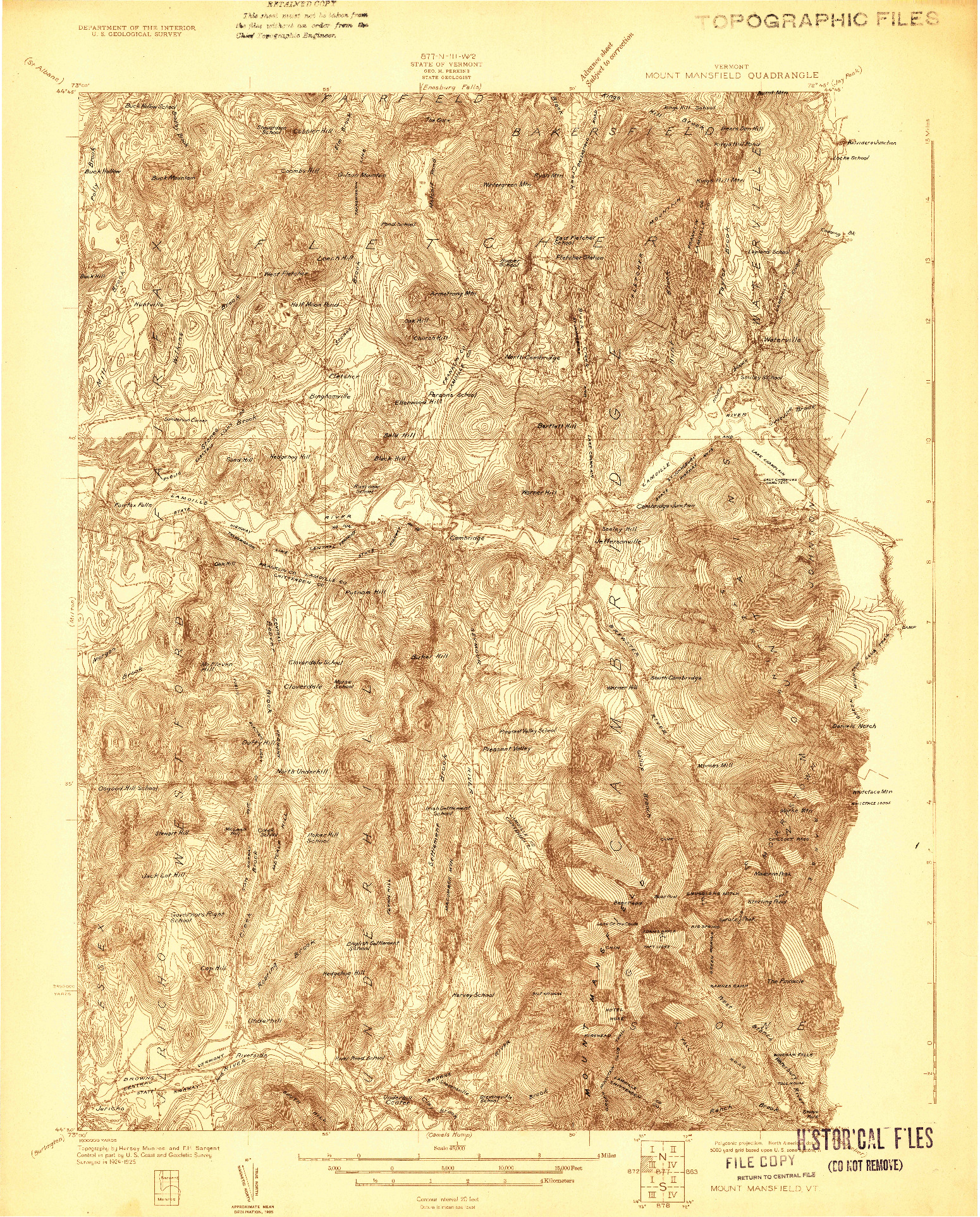 USGS 1:48000-SCALE QUADRANGLE FOR MOUNT MANSFIELD, VT 1925