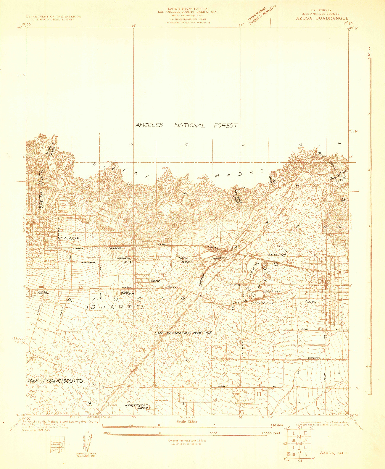 USGS 1:24000-SCALE QUADRANGLE FOR AZUSA, CA 1925
