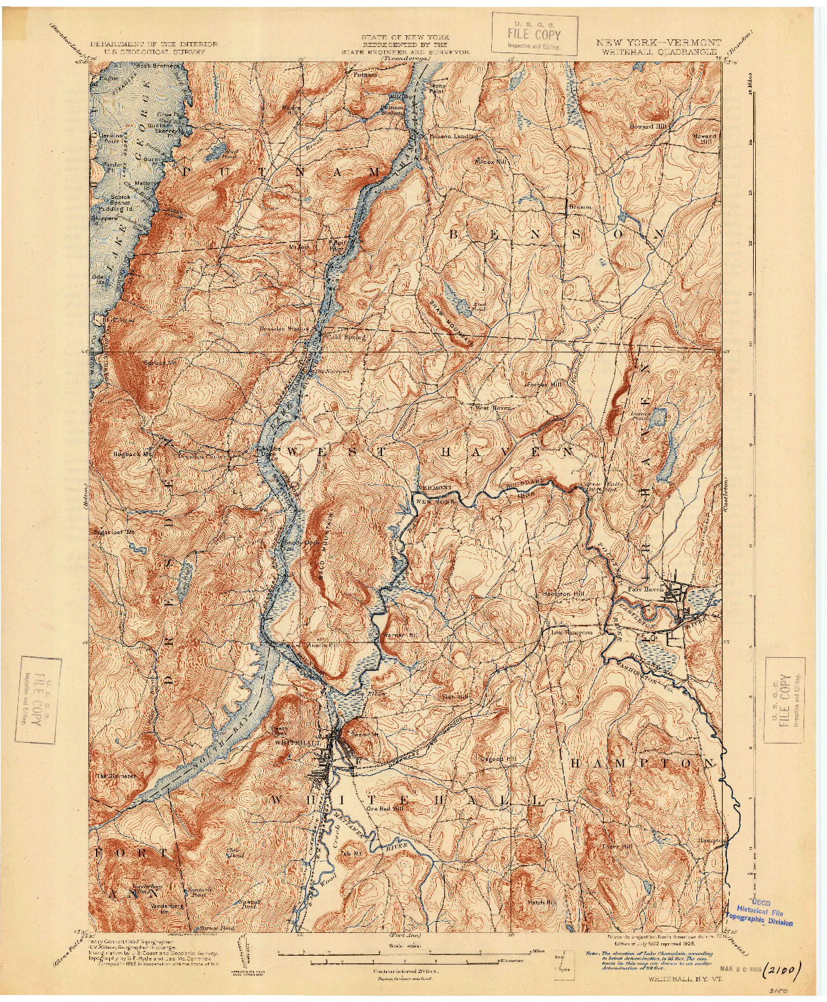 USGS 1:62500-SCALE QUADRANGLE FOR WHITEHALL, NY 1902