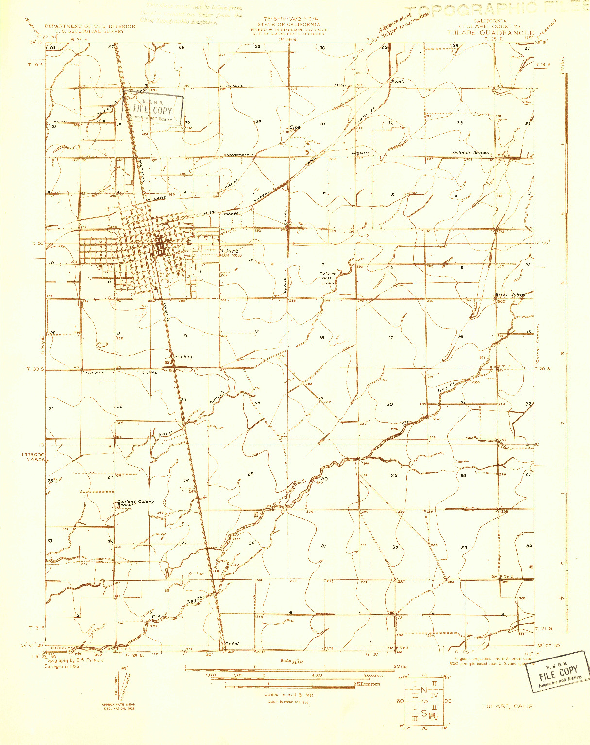 USGS 1:31680-SCALE QUADRANGLE FOR TULARE, CA 1925