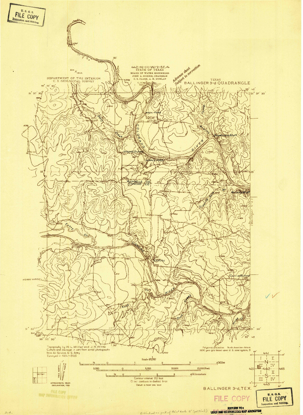 USGS 1:48000-SCALE QUADRANGLE FOR BALLINGER 3-D, TX 1925