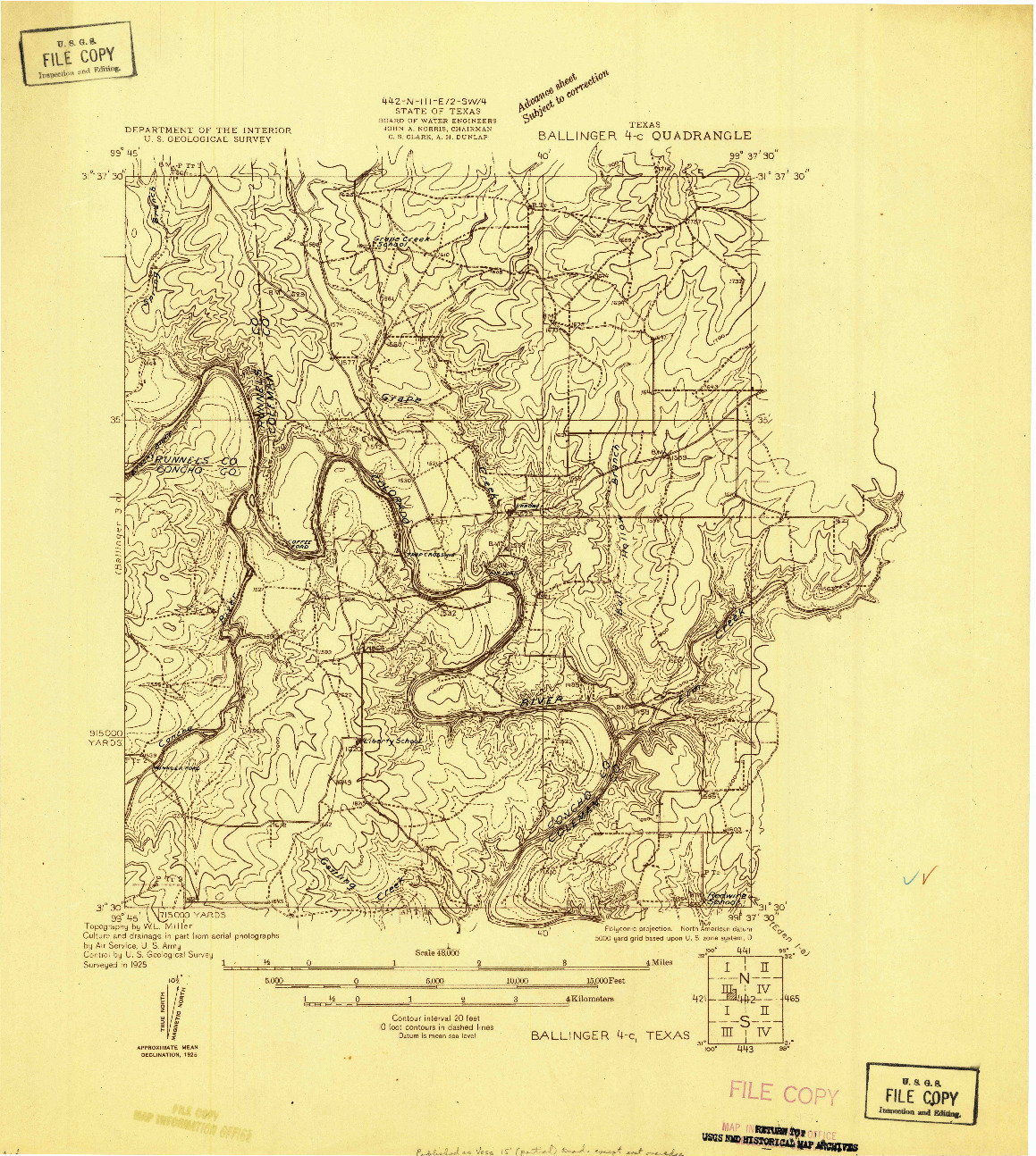 USGS 1:48000-SCALE QUADRANGLE FOR BALLINGER 4-C, TX 1925