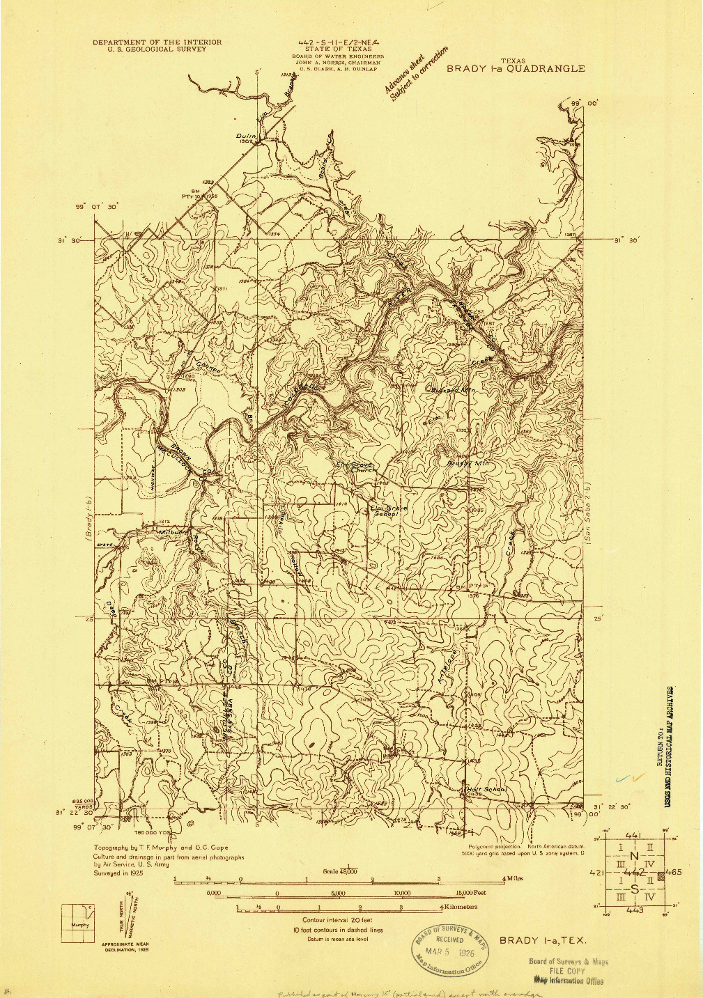 USGS 1:48000-SCALE QUADRANGLE FOR BRADY 1-A, TX 1925