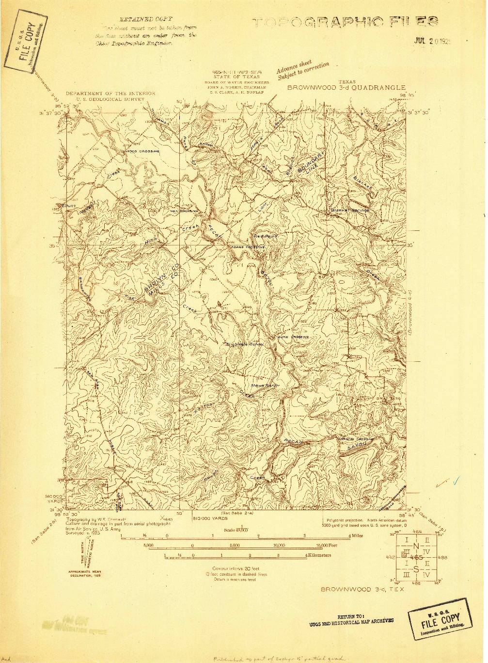 USGS 1:48000-SCALE QUADRANGLE FOR BROWNWOOD 3-D, TX 1925