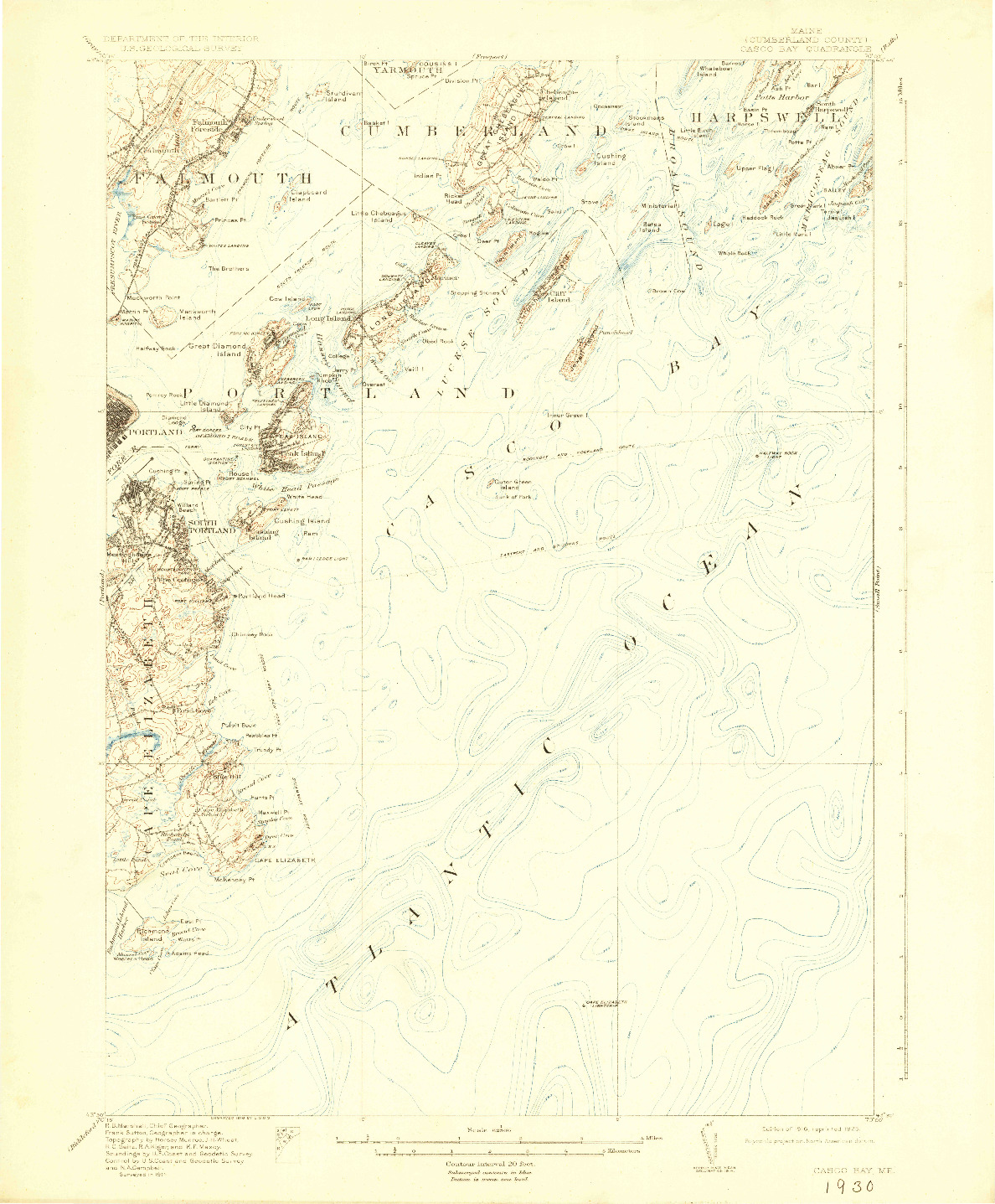 USGS 1:62500-SCALE QUADRANGLE FOR CASCO BAY, ME 1916