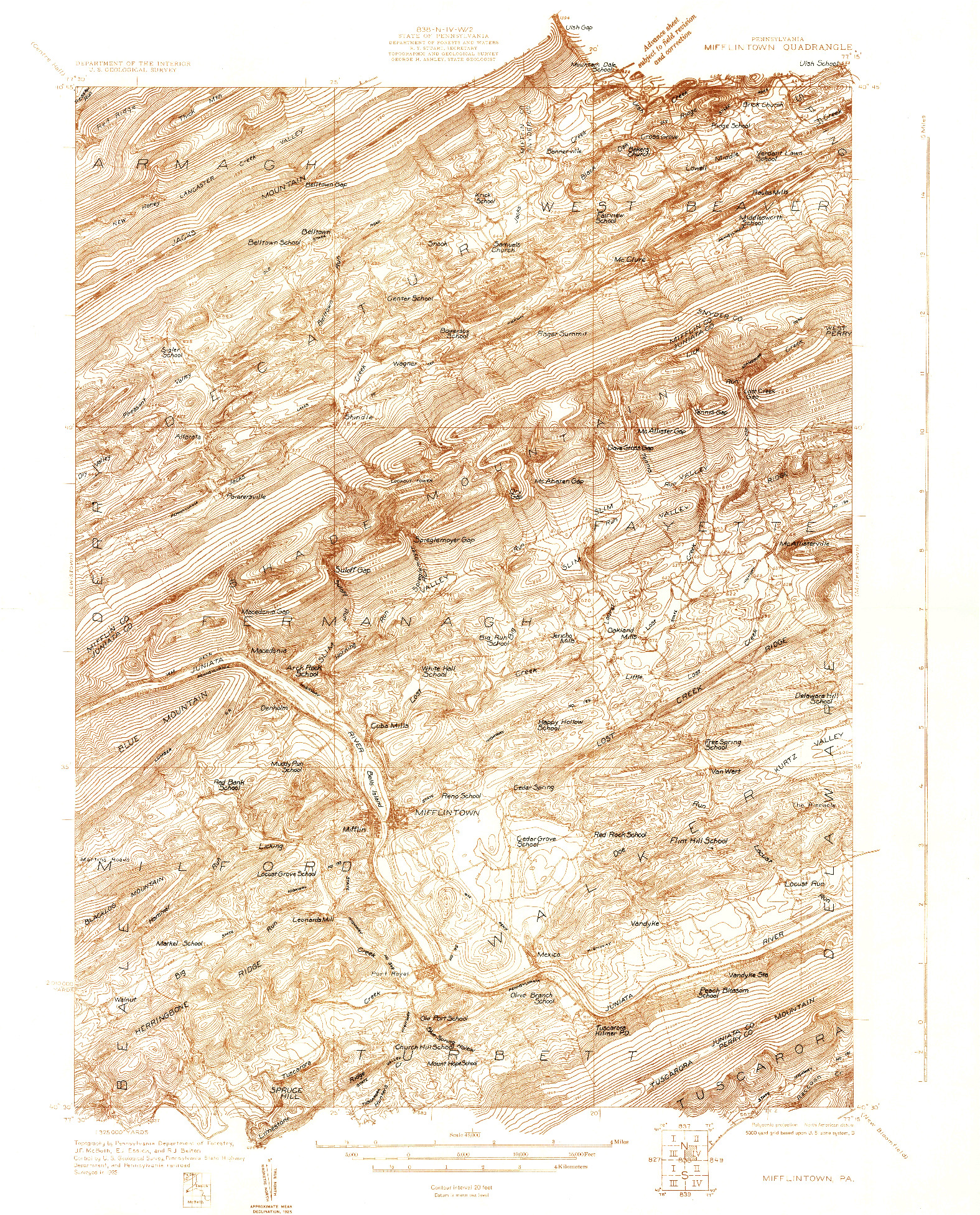 USGS 1:48000-SCALE QUADRANGLE FOR MIFFLINTOWN, PA 1925