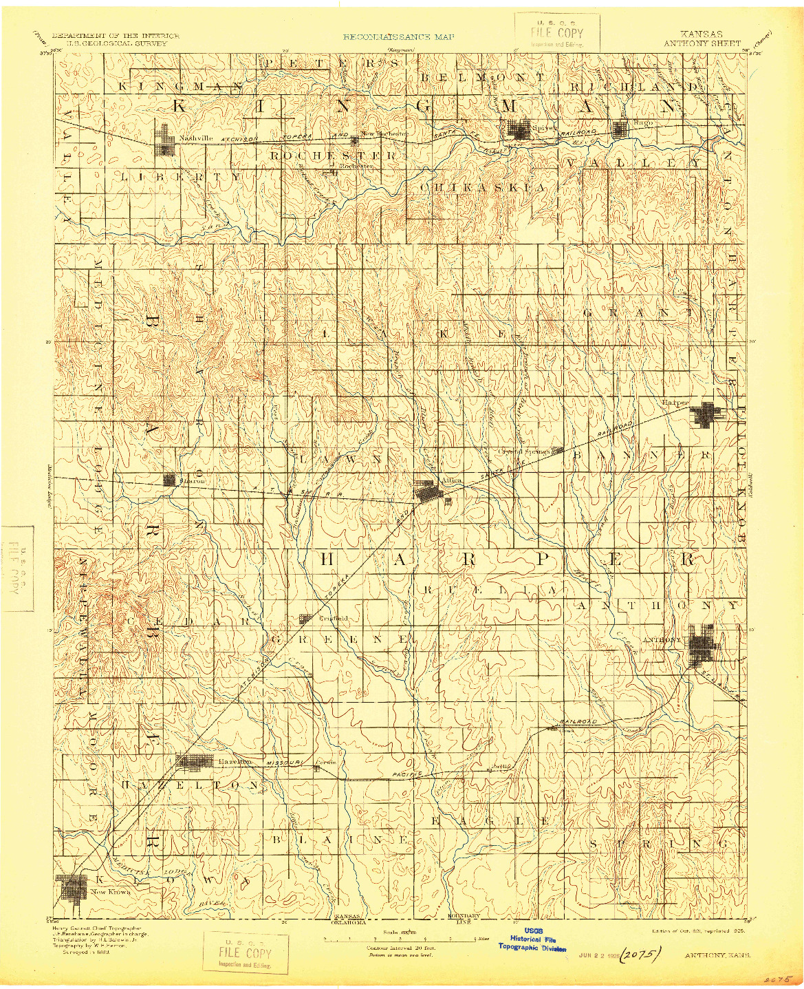 USGS 1:125000-SCALE QUADRANGLE FOR ANTHONY, KS 1891