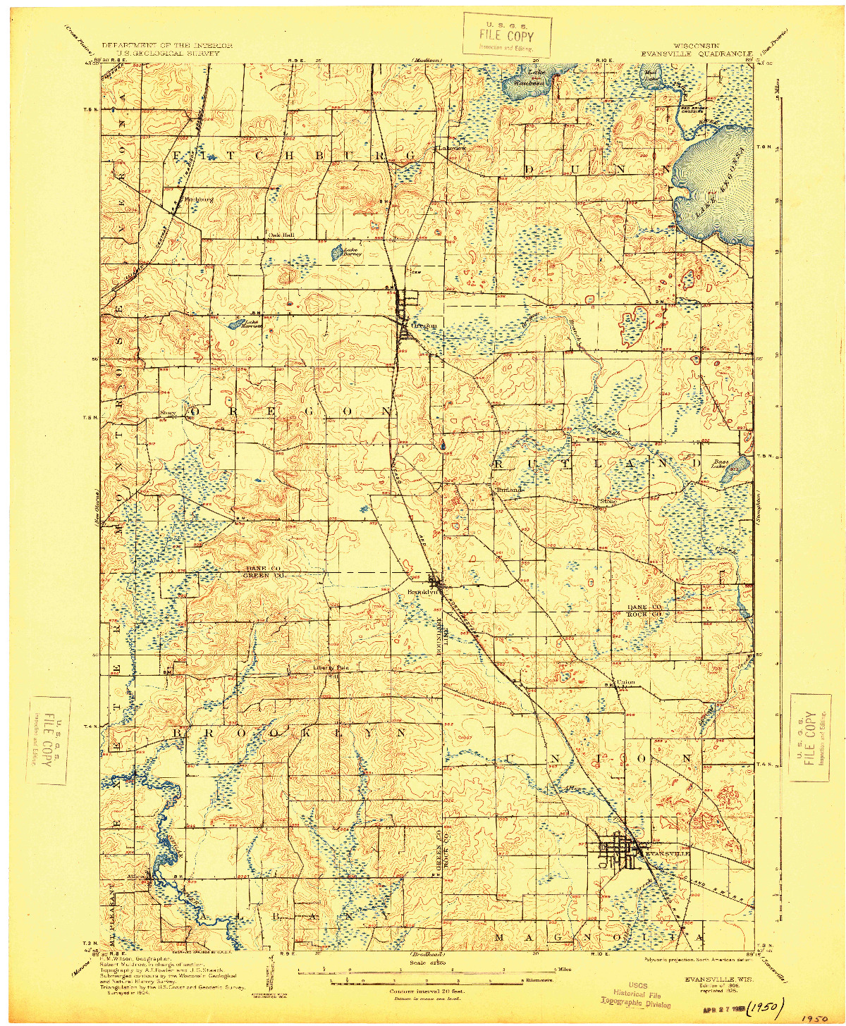 USGS 1:62500-SCALE QUADRANGLE FOR EVANSVILLE, WI 1906