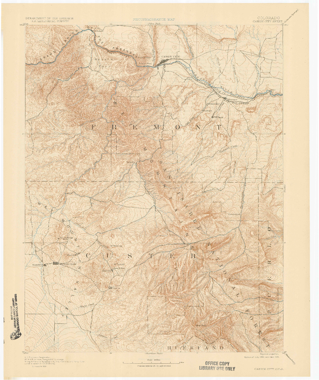 USGS 1:125000-SCALE QUADRANGLE FOR CANON CITY, CO 1892