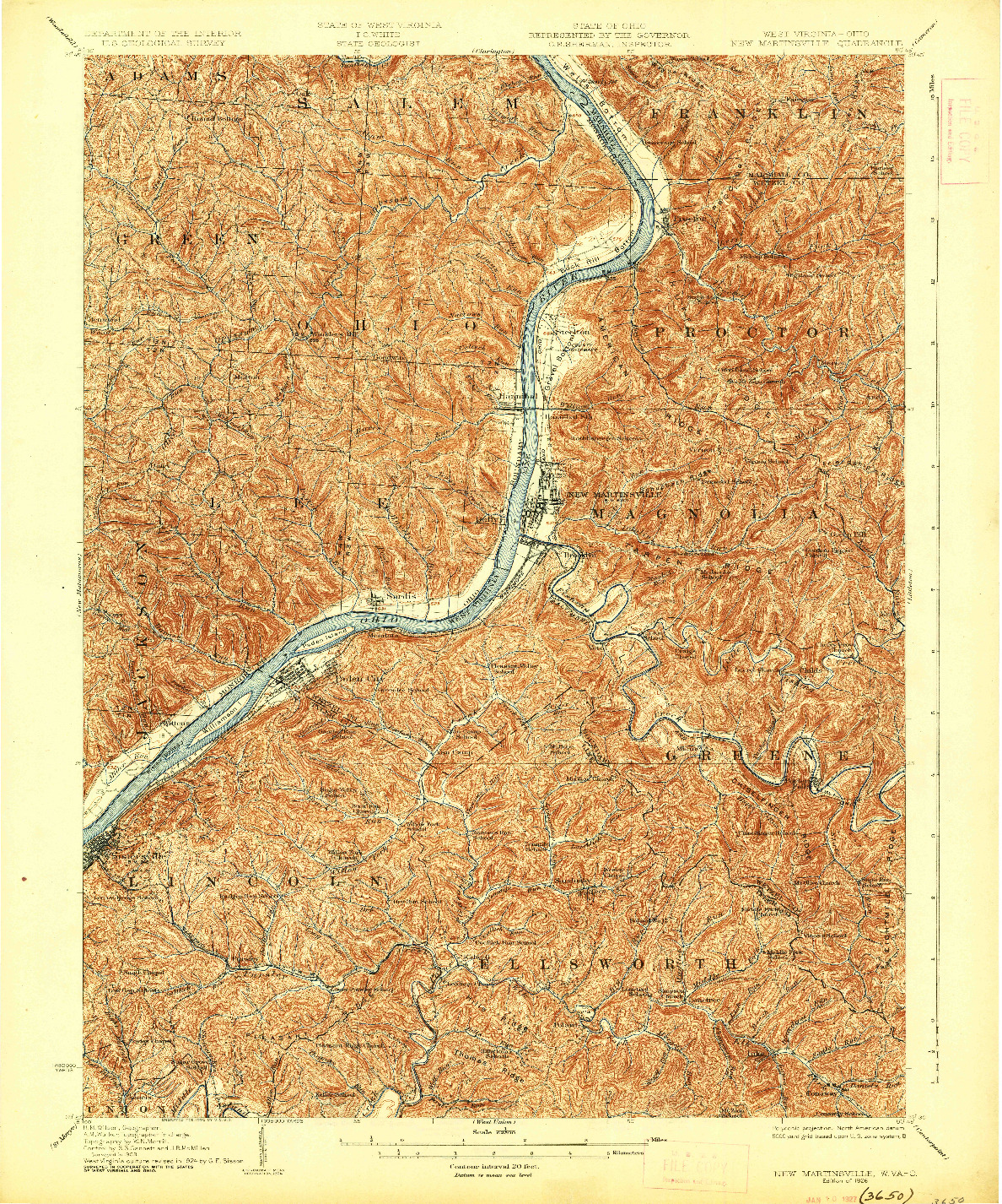 USGS 1:62500-SCALE QUADRANGLE FOR NEW MARTINSVILLE, WV 1926