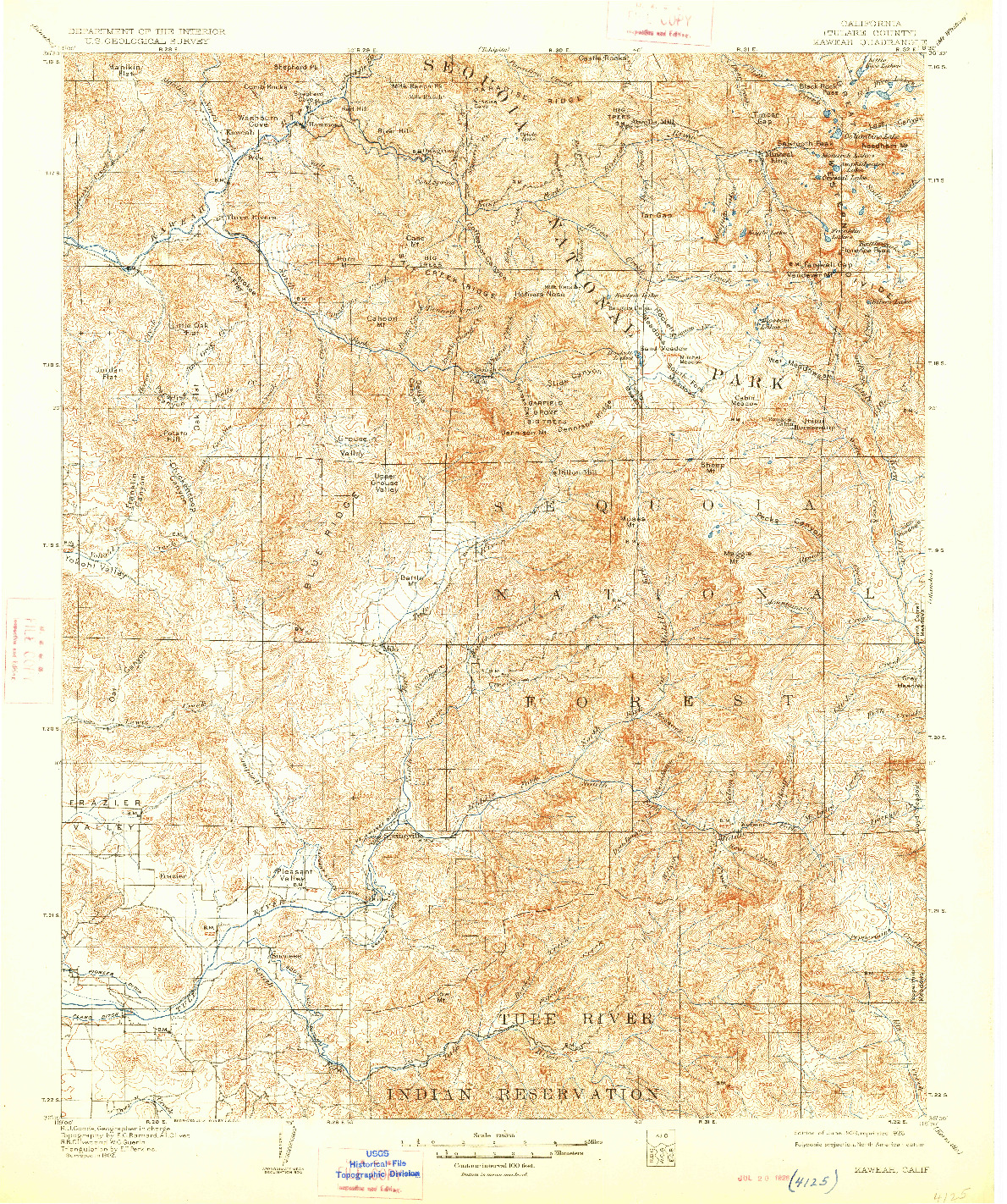 USGS 1:125000-SCALE QUADRANGLE FOR KAWEAH, CA 1909