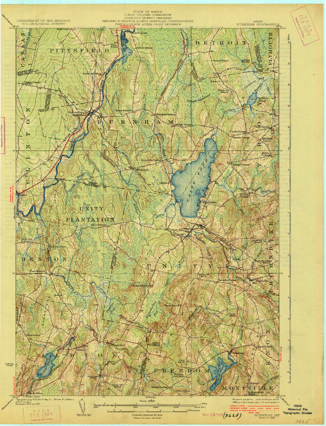 USGS 1:62500-SCALE QUADRANGLE FOR BURNHAM, ME 1926
