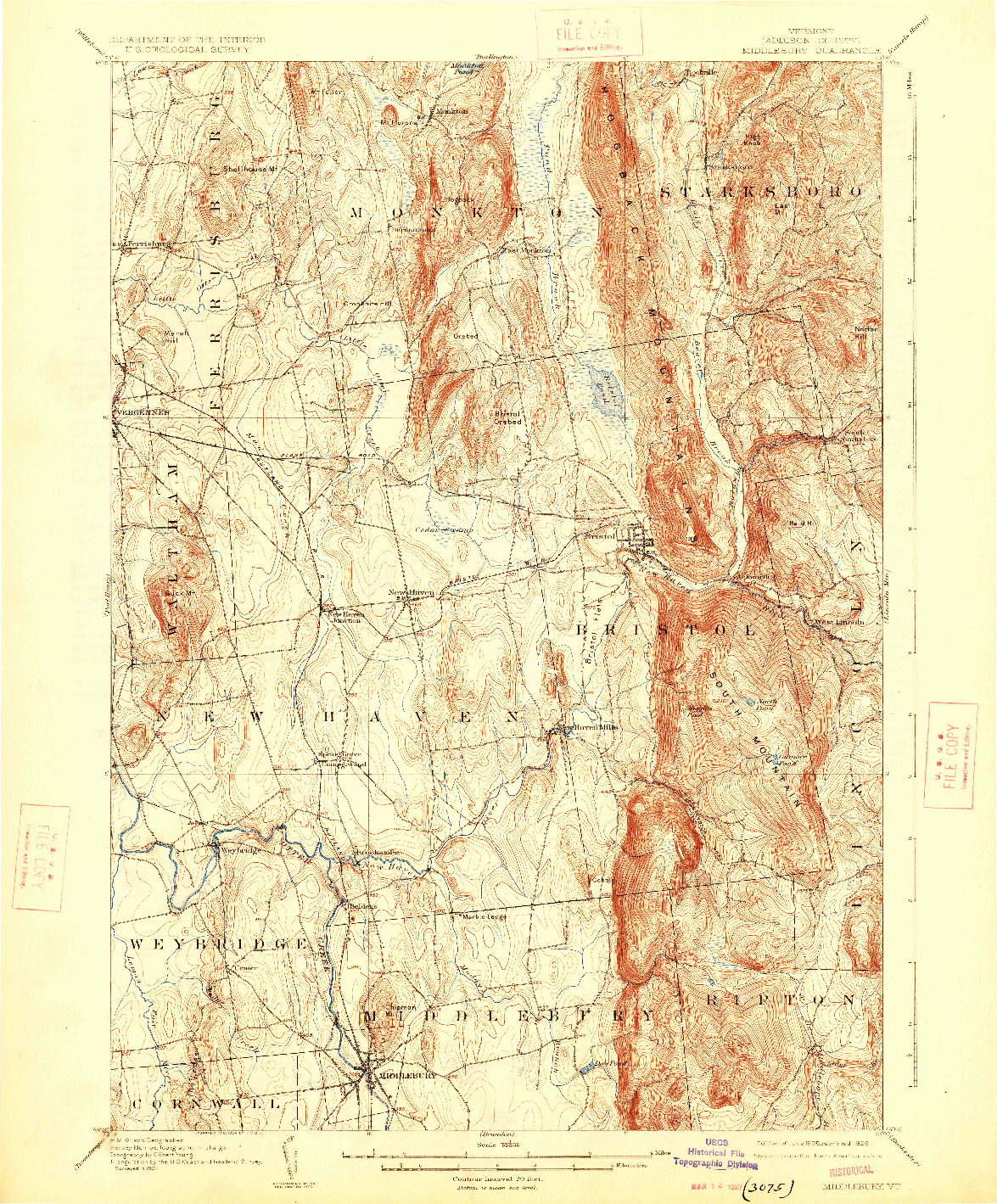 USGS 1:62500-SCALE QUADRANGLE FOR MIDDLEBURY, VT 1905