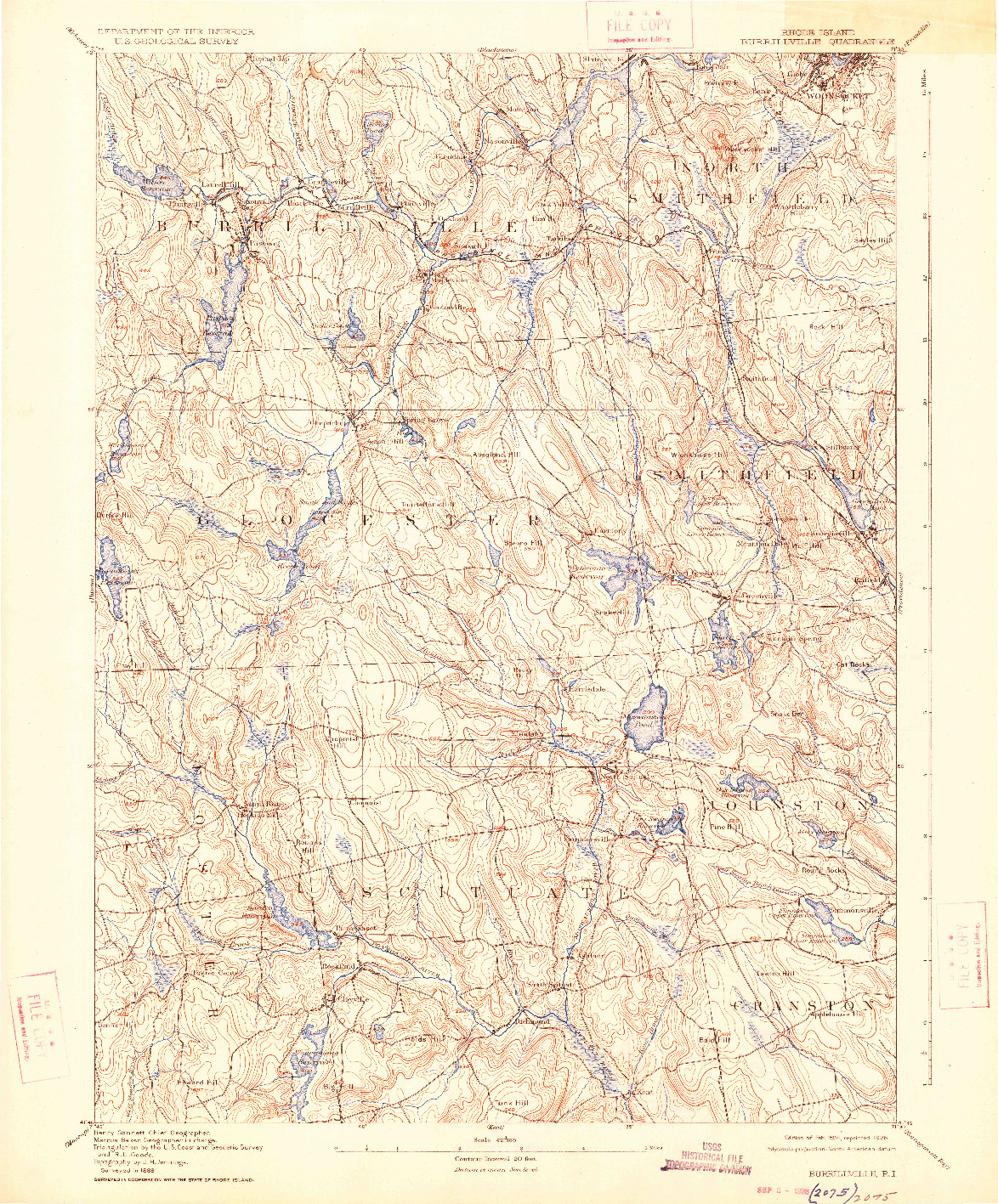 USGS 1:62500-SCALE QUADRANGLE FOR BURRILLVILLE, RI 1894