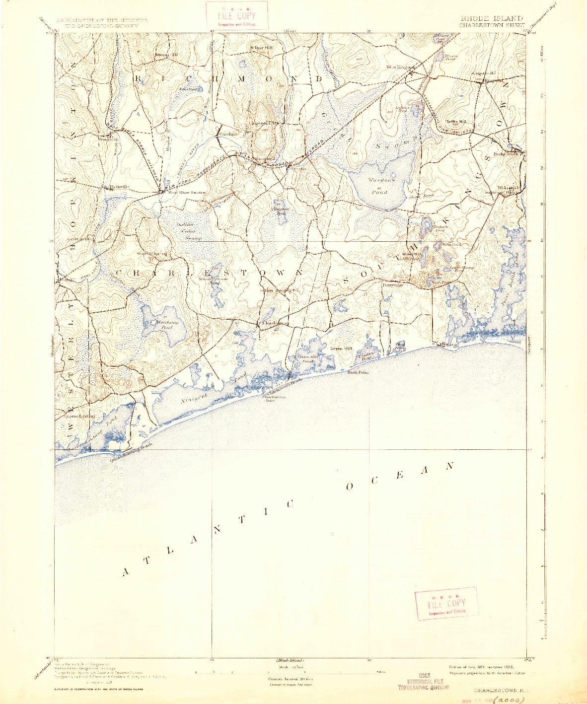 USGS 1:62500-SCALE QUADRANGLE FOR CHARLESTOWN, RI 1889