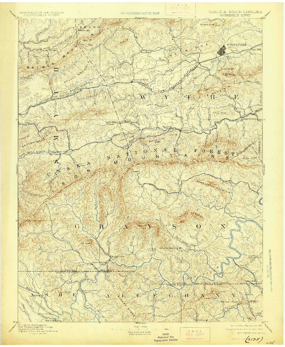 USGS 1:125000-SCALE QUADRANGLE FOR WYTHEVILLE, VA 1892