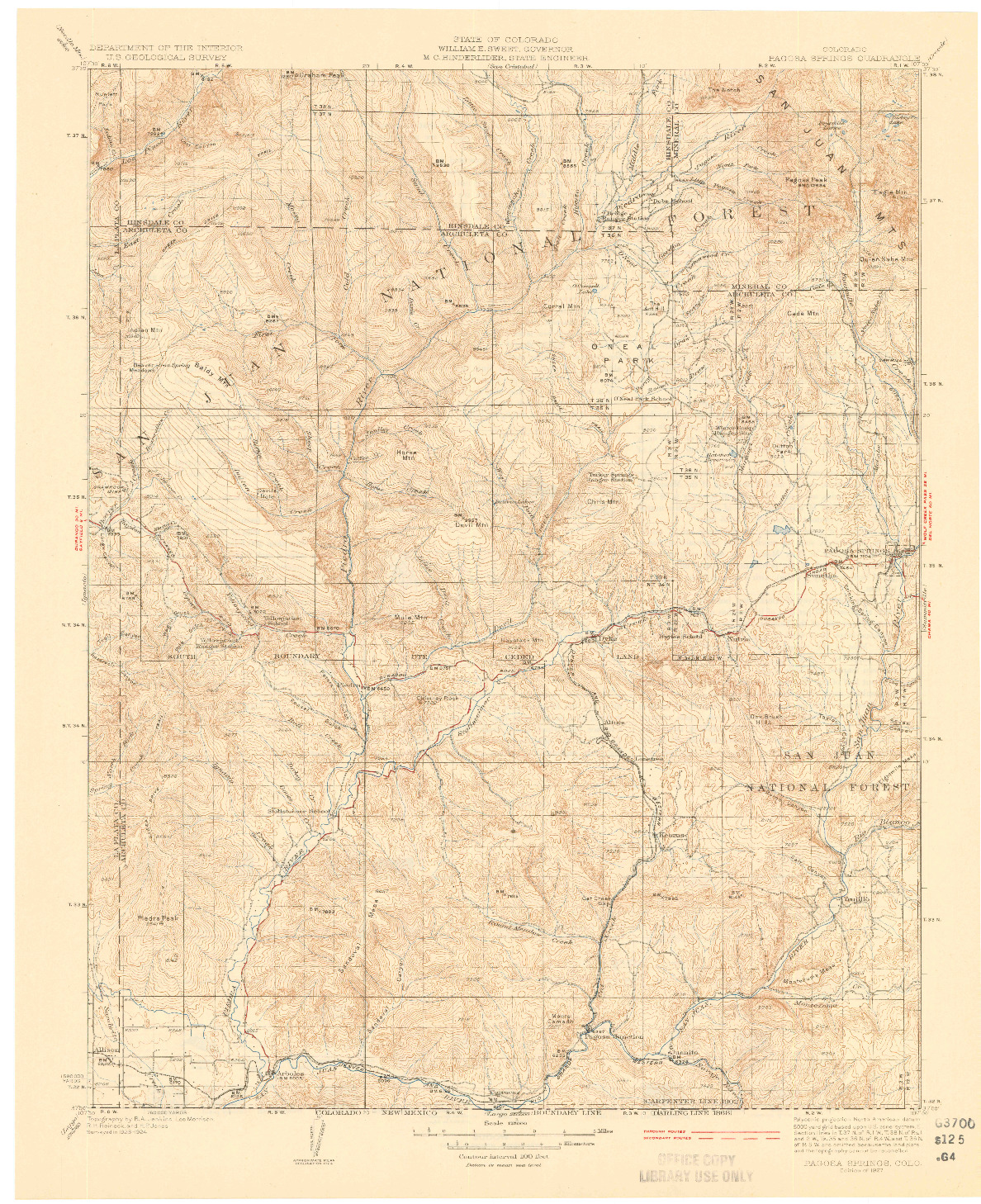 USGS 1:125000-SCALE QUADRANGLE FOR PAGOSA SPRINGS, CO 1927
