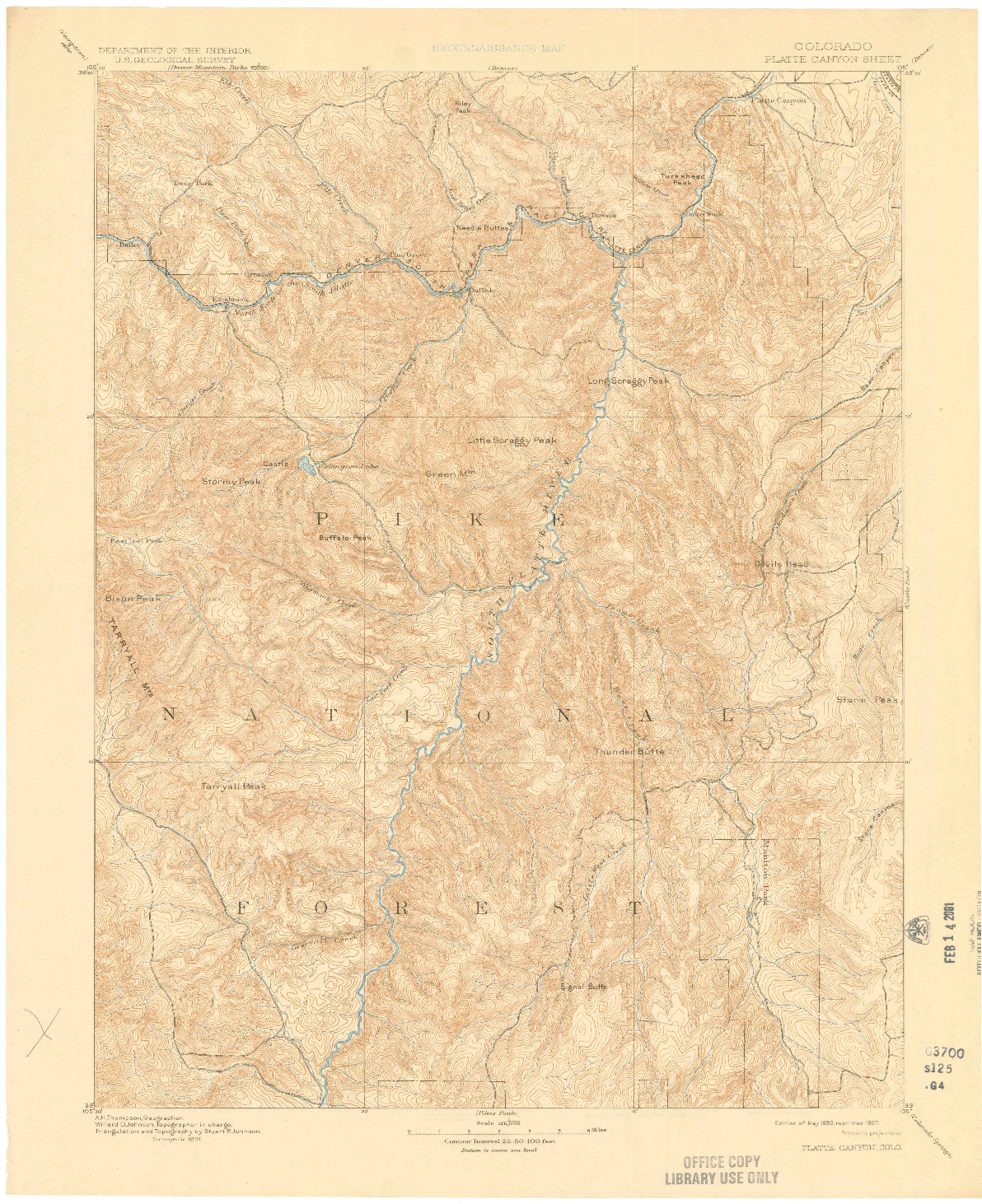 USGS 1:125000-SCALE QUADRANGLE FOR PLATTE CANYON, CO 1893