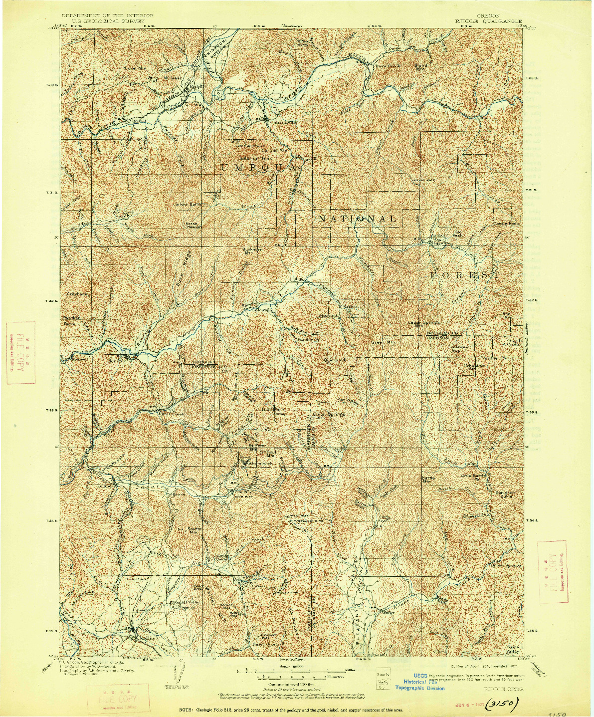 USGS 1:125000-SCALE QUADRANGLE FOR RIDDLE, OR 1904